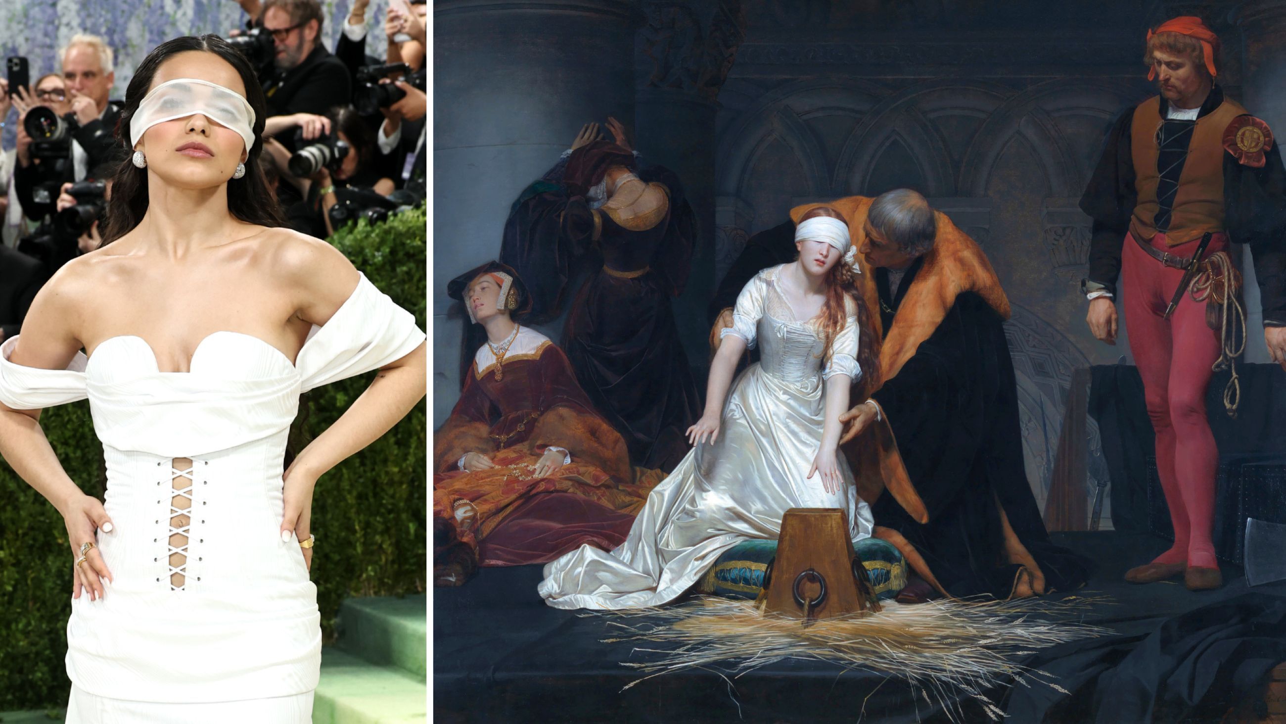 A sinistra: Rachel Zagler al Met Gala 2026 - Credits Getty Images; a destra: The Execution of Lady Jane Grey di Paul Delaroche, 1833