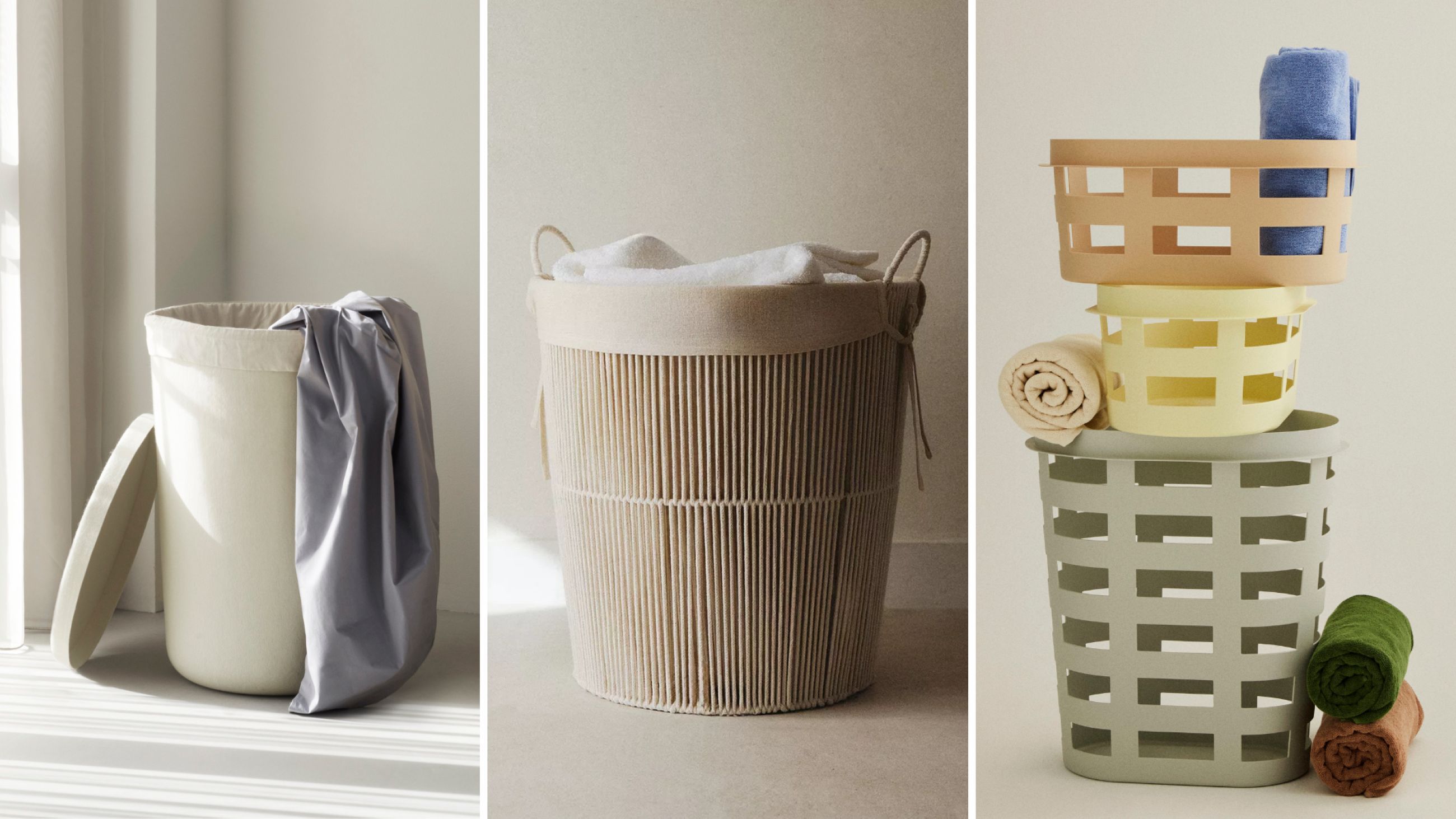 Da sinistra: Hide di Simon Legald, Normann Copenhagen - Courtesy Normann Copenhagen; Cesta in cotone di Zara Home - Courtesy Zara Home; Basket di Studio BIG-GAME, HAY - Courtesy HAY 