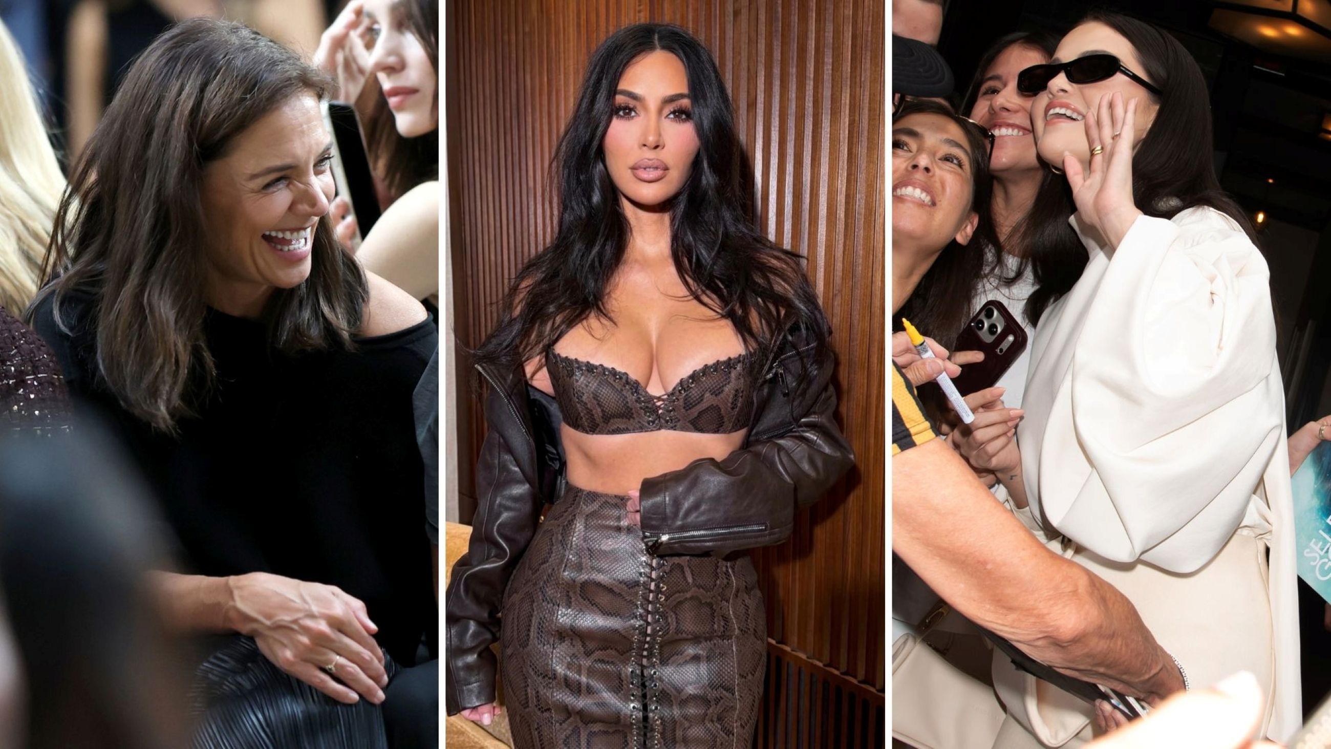 Da sinistra a destra, Katie Holmes, Kim Kardashian e Selena Gomez - Credits: Getty Images; Immagini tratte dal profilo Instagram di @kimkardashian 