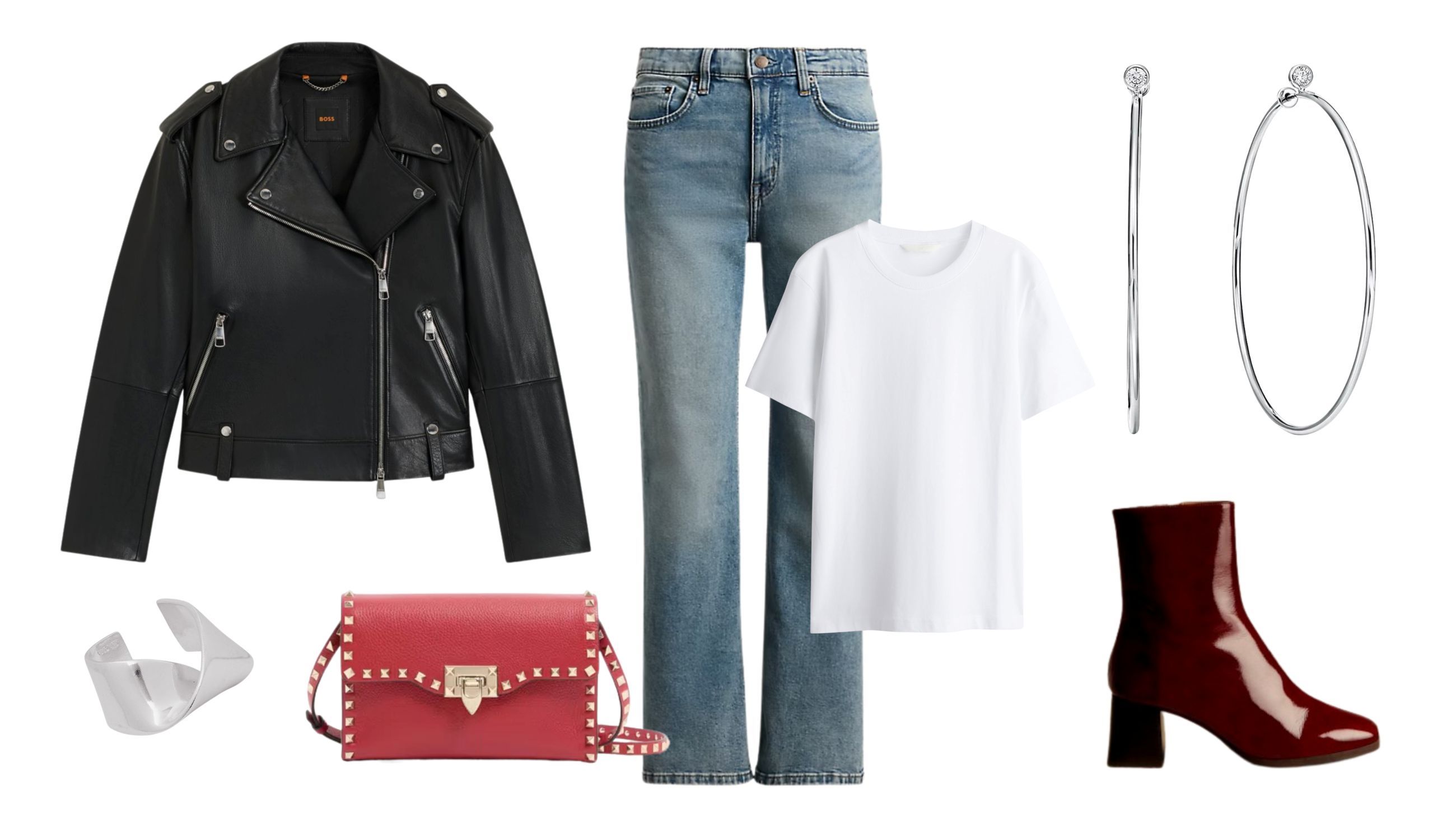 T-shirt, H&M; giubbino di pelle, Boss; jeans, Ralph Lauren; stivaletti, Sézane; borsa, Valentino Garavani; orecchini, Tiffany&Co.; anello, Ysso