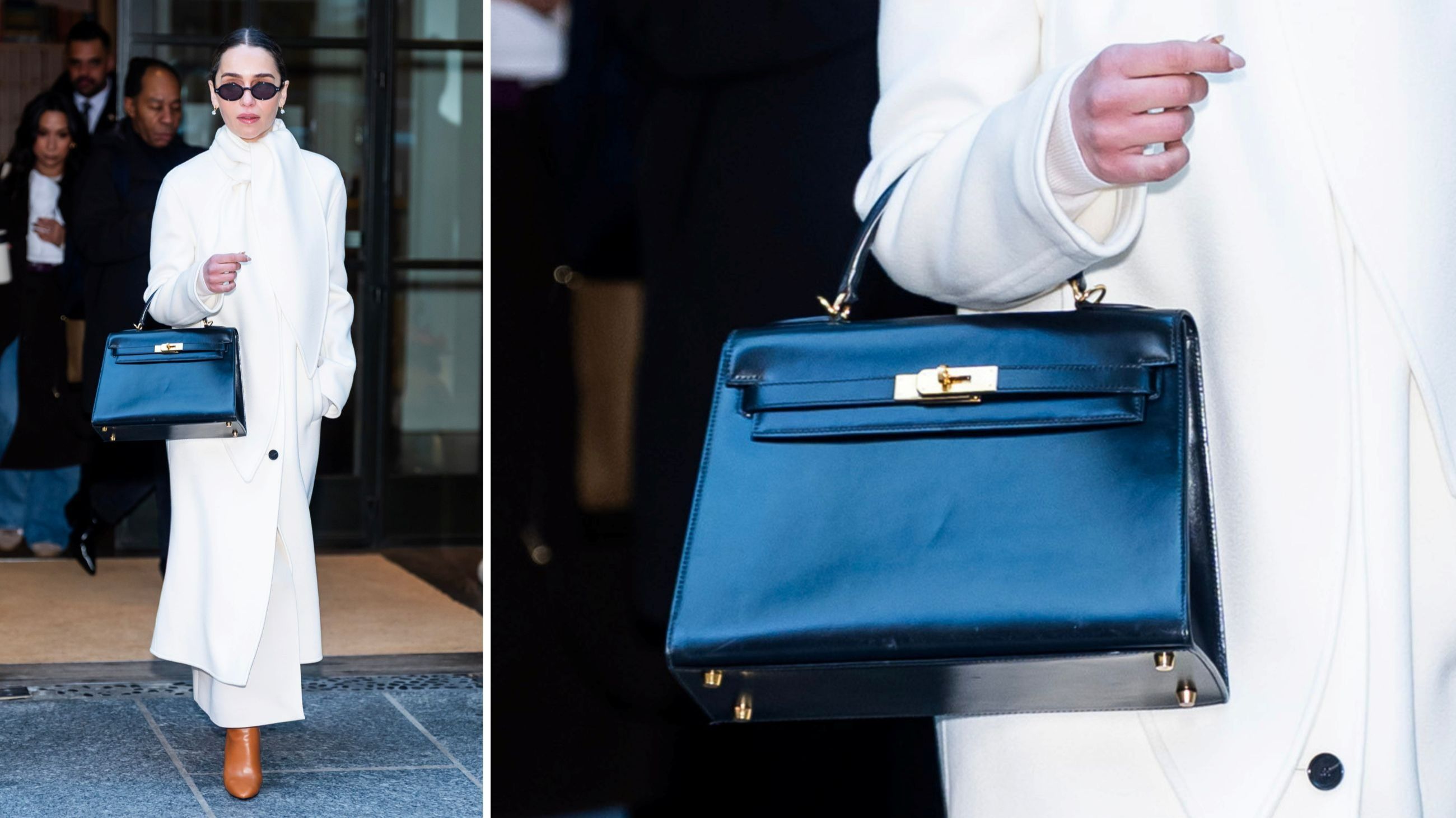 L’attrice Emilia Clark arricchisce un look dal sapore classico con un’elegante borsa Kelly realizzata dalla maison francese Hermès - Credits: Getty Images