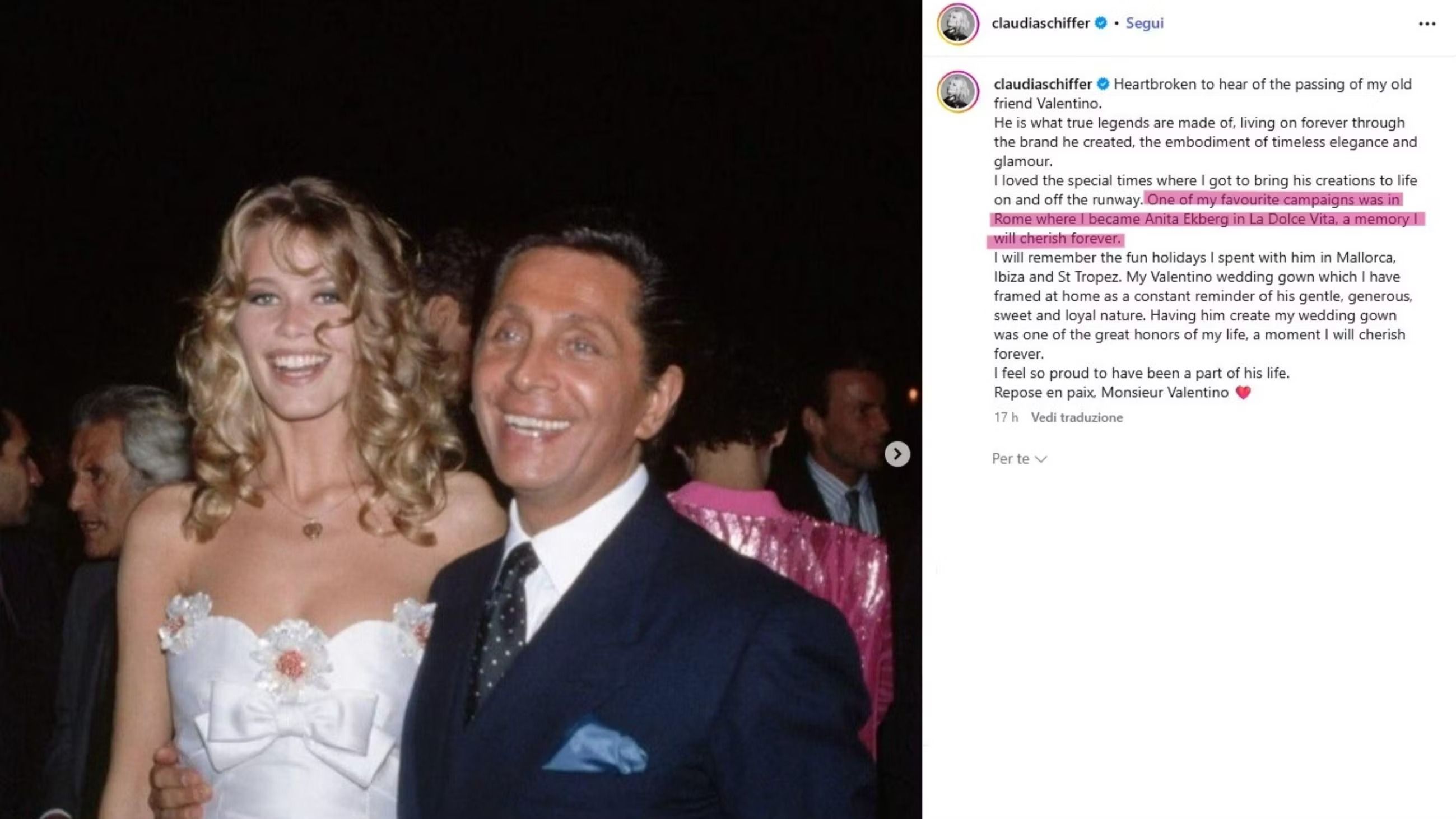 Il post su Instagram con cui Claudia Schiffer dice addio a Valentino Garavani e ricorda proprio i giorni trascorsi a Roma insieme per l’iconica campagna pubblicitaria