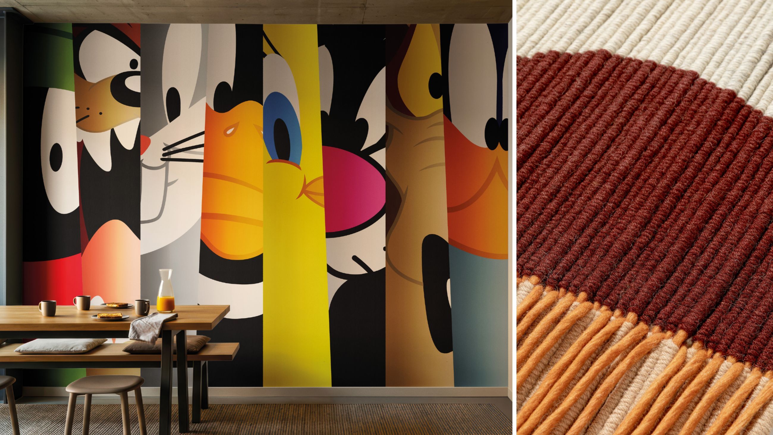 A sinistra: Londonart, le carte da parati Looney Tunes - Courtesy Londonart; a destra: Amini, un dettaglio di Équilibre di Elisa Ossino - Courtesy Amini 