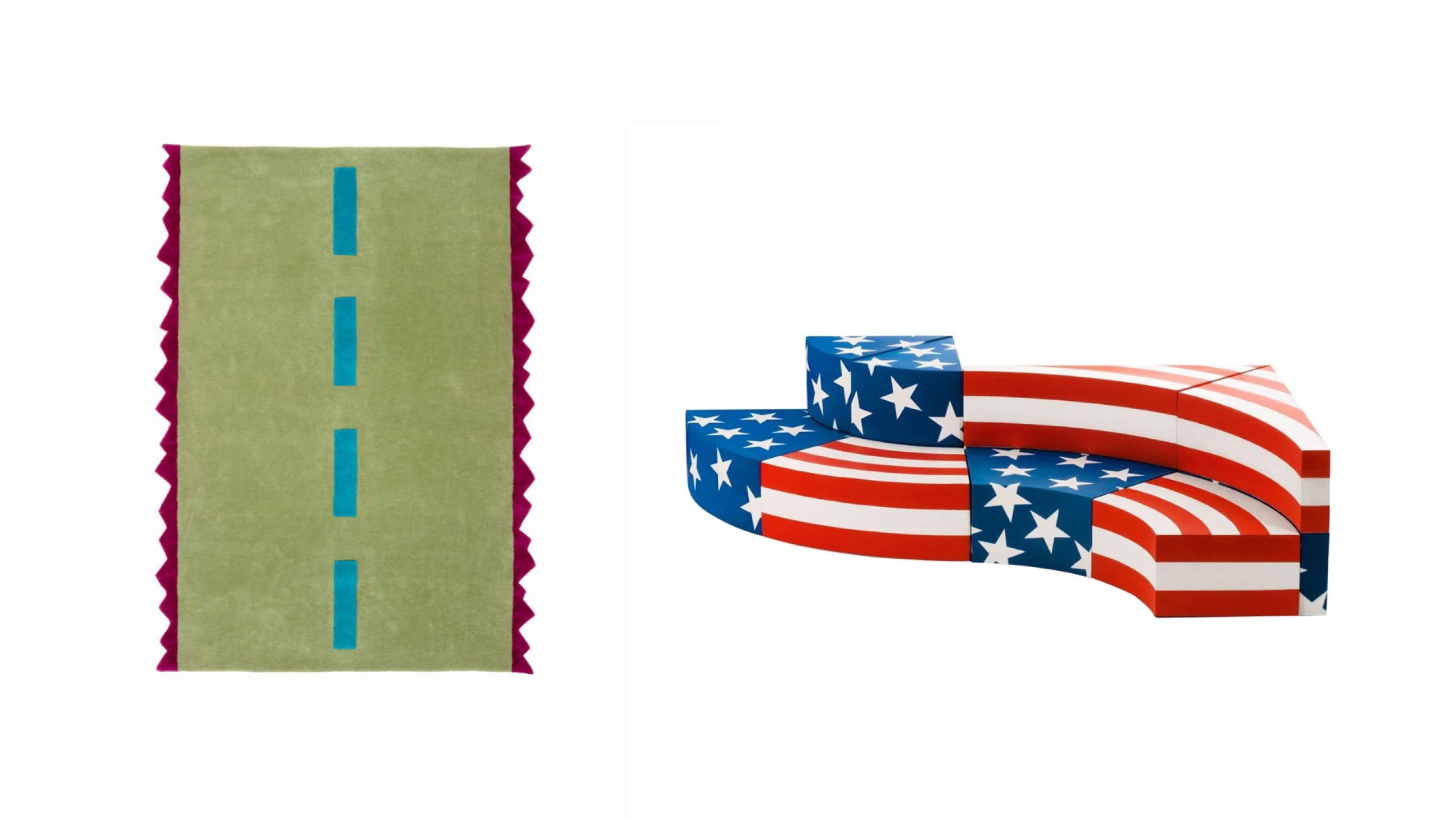 Tappeto Autostrada, Centro Studi Poltronova - Courtesy Centro Studi Poltronova; Divano Leonardo, Gufram - Courtesy Gufram