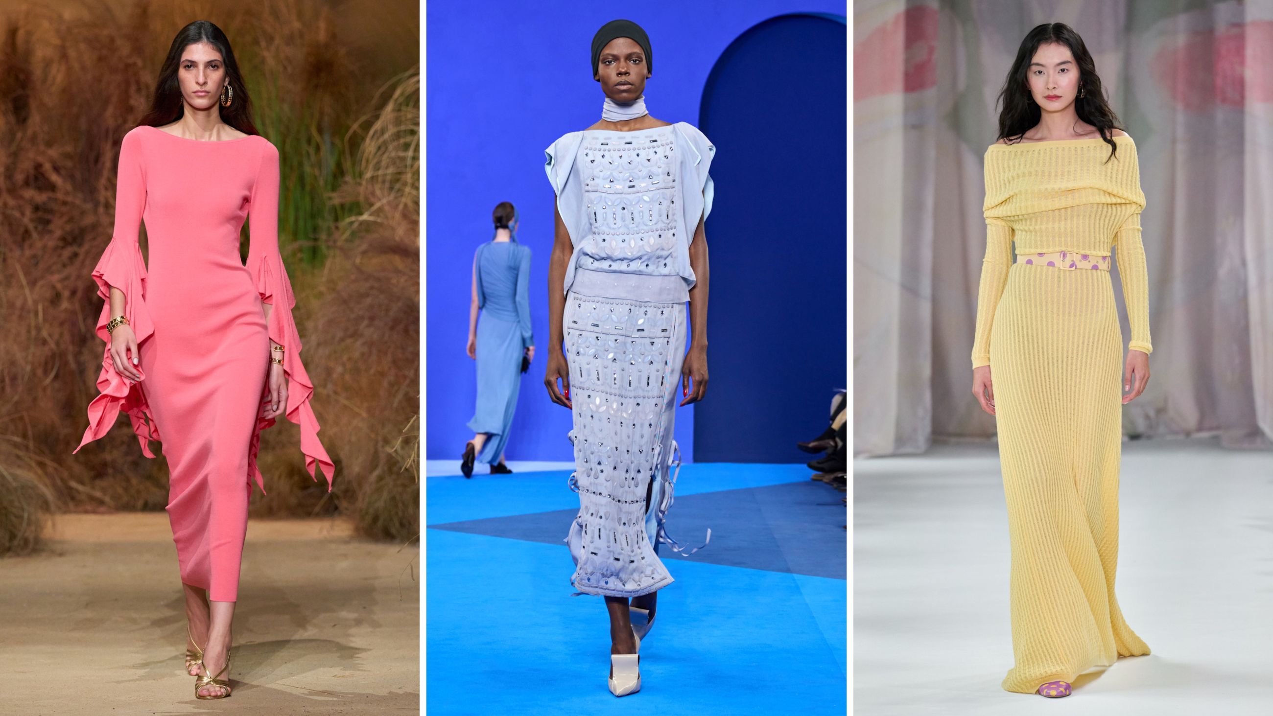 Da sinistra mises dalle passerelle PE26 di Luisa Spagnoli, Lanvin e Laura Biagiotti - Credits: Launchmetrics.com/Spotlight