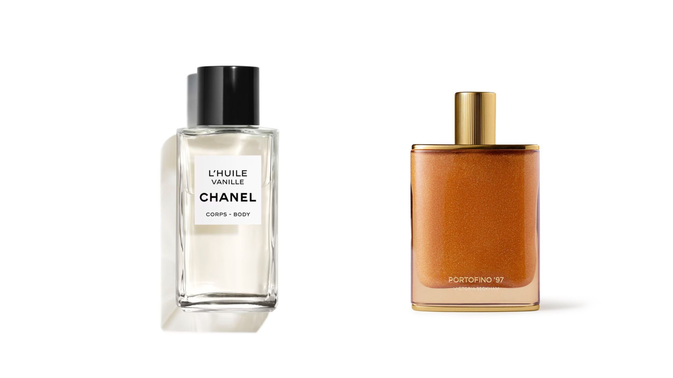 Da sinistra: Chanel, Huile Vanille Body Oil; Victoria Beckham beauty, Portofino '97 Body Oil - Courtesy Press Office