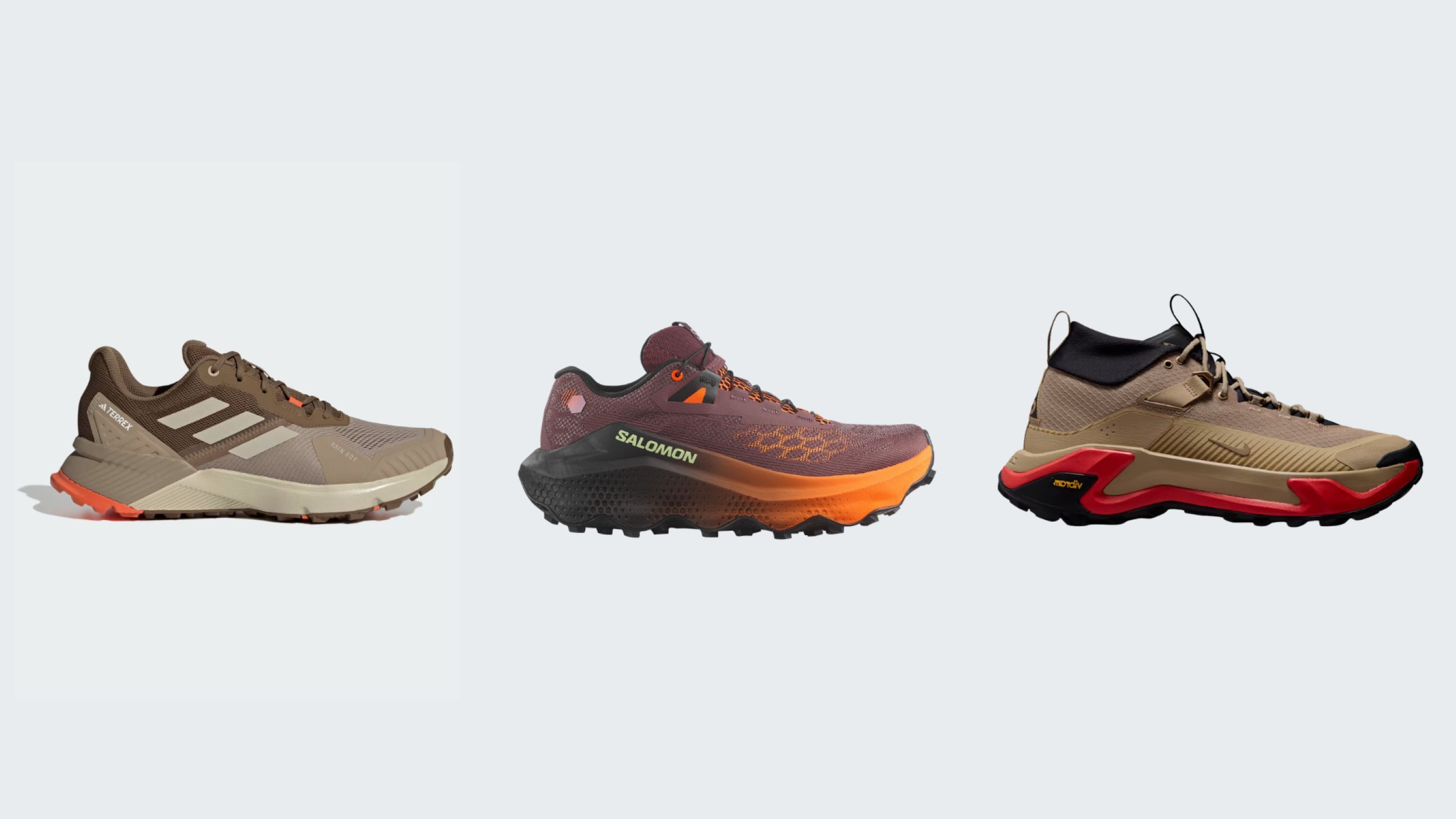 Da sinistra: Adidas Terrex Soulstride Flow; Salomon Ultra Glide 4; Nike ACG Zegama Hike 