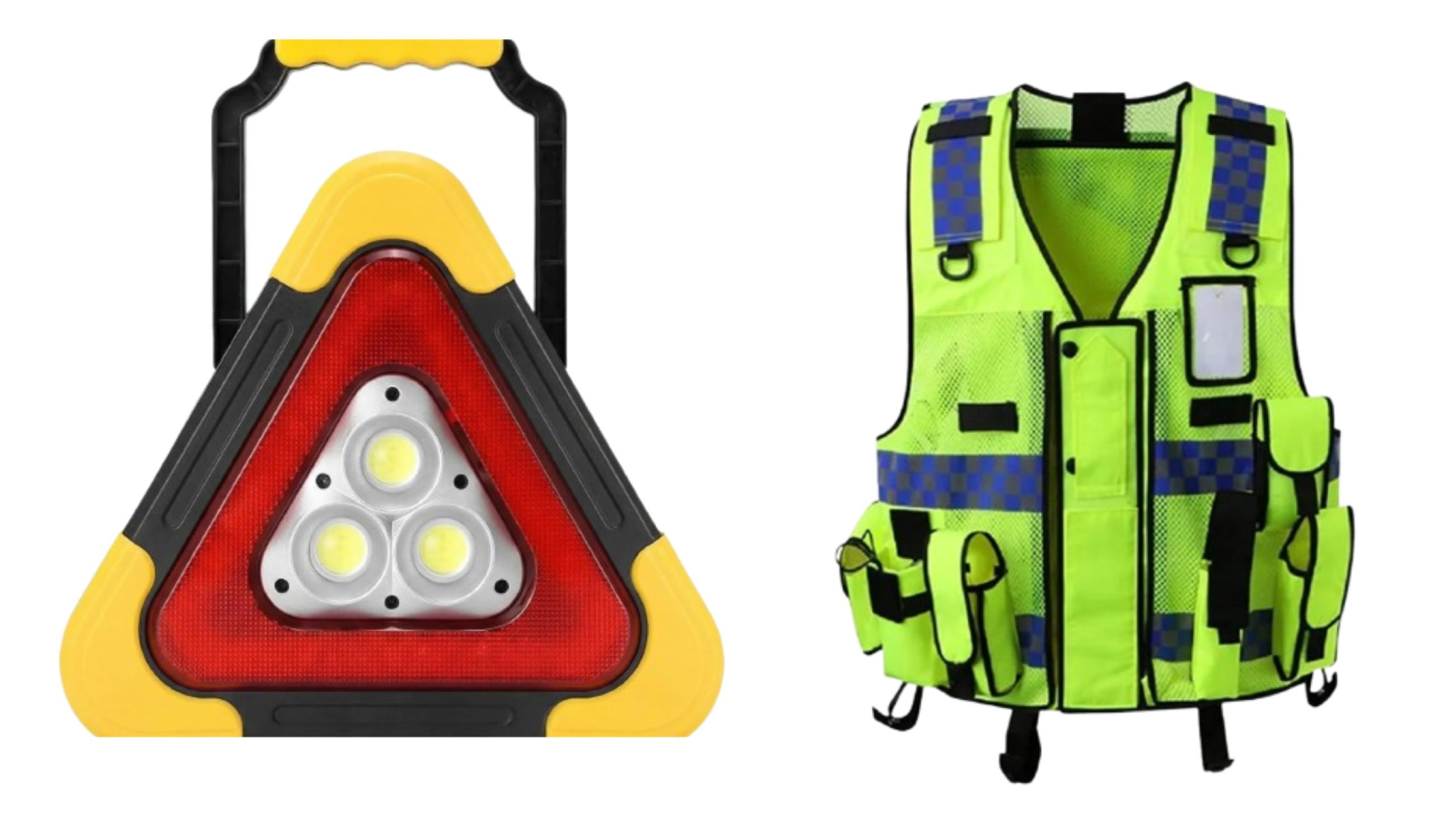 Da sinistra: Triangolo di emergenza per auto, Aurivee; Gilet di sicurezza ad alta visibilità, Hycoprot