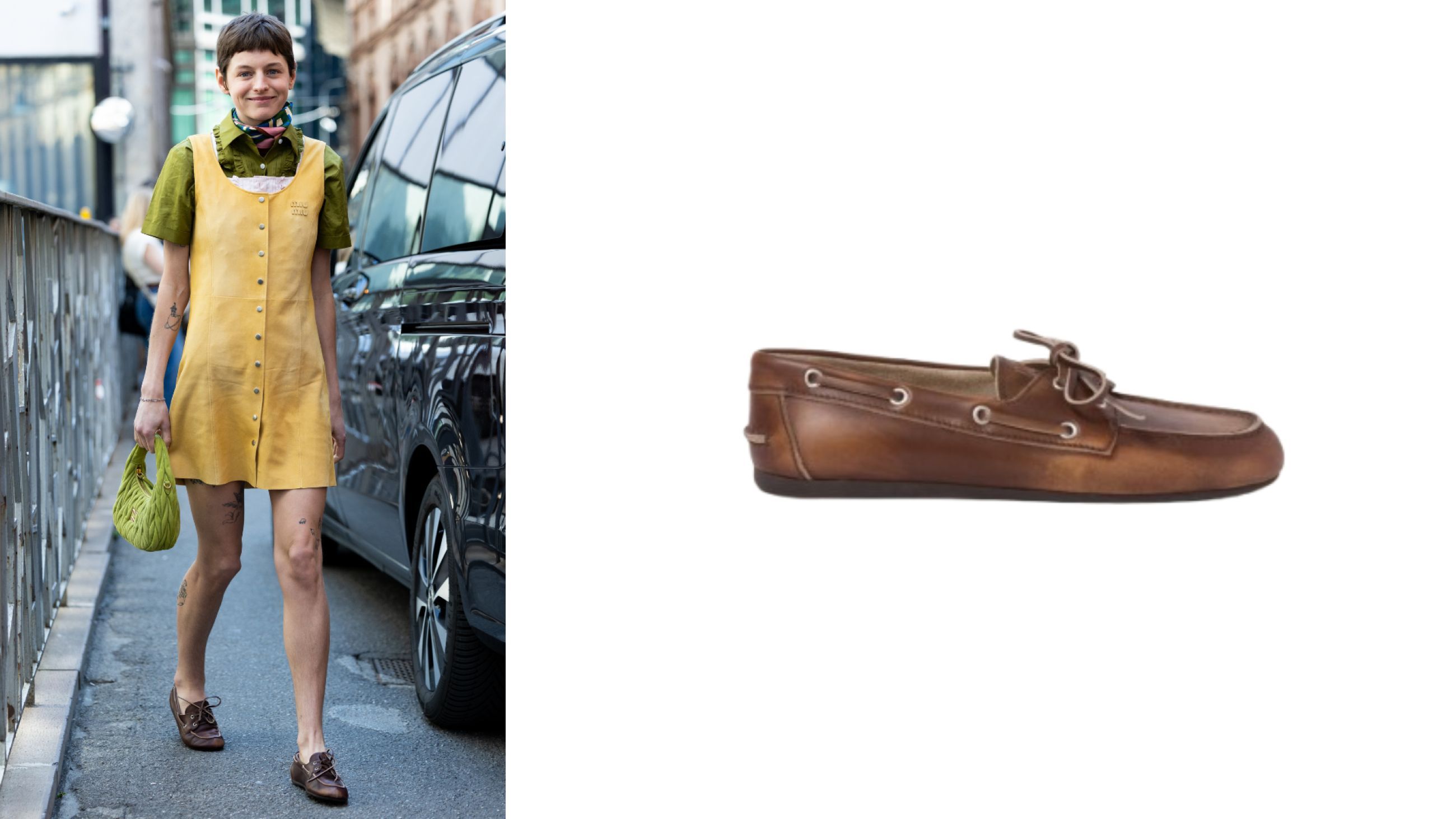 Da sinistra: Emma Corrin durante la Milano Design Week 2026 - Credits Getty Images; Miu Miu scarpe Deck in pelle decolorata - Credits Brand/Press Office