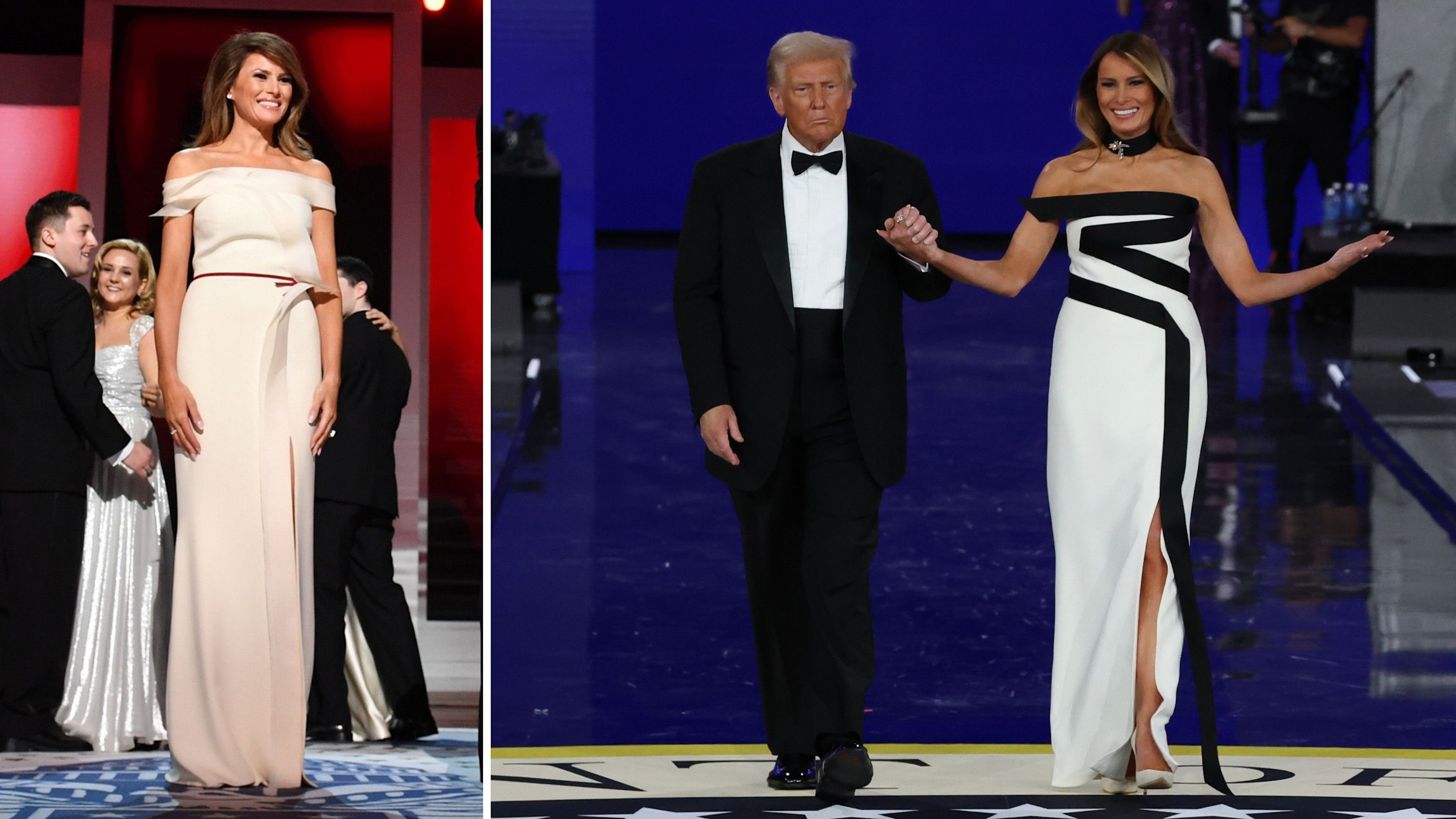 
A sinistra la First Lady al ballo dell’Inauguration Day per la prima vittoria alle presidenziali americane del marito Donald Trump, 2017; a destra Melania Trump alla stessa cerimonia per la seconda vittoria alle presidenziali americane del Tycoon - Credits: foto a sinistra AGF; foto a destra Getty Images
