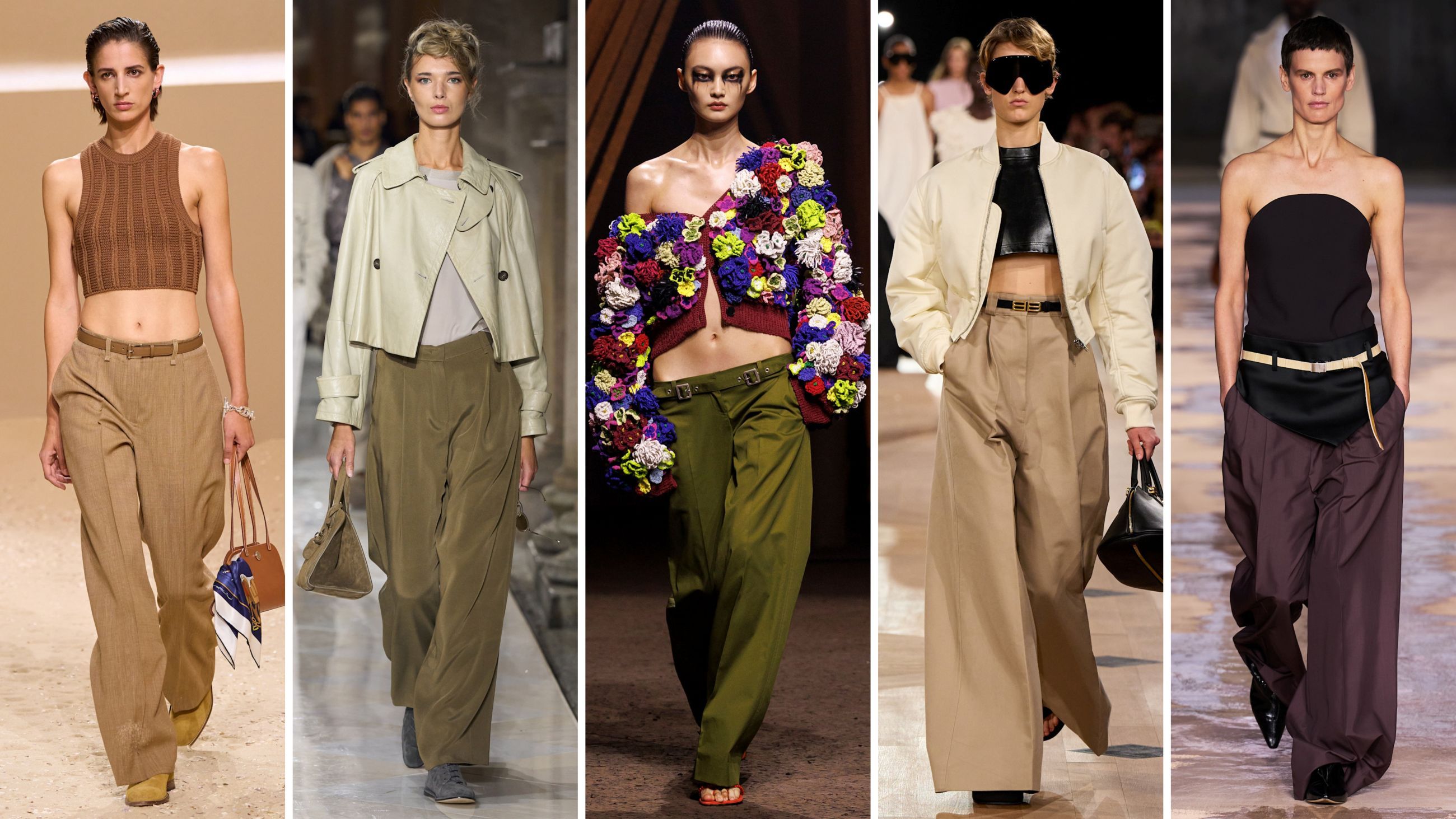 Da sinistra, outfit dalle sfilate PE26 di Hermès, Giorgio Armani, Alexander McQueen, Balenciaga ed Hugo Boss - Credits: Launcmetrics.com/Spotlight