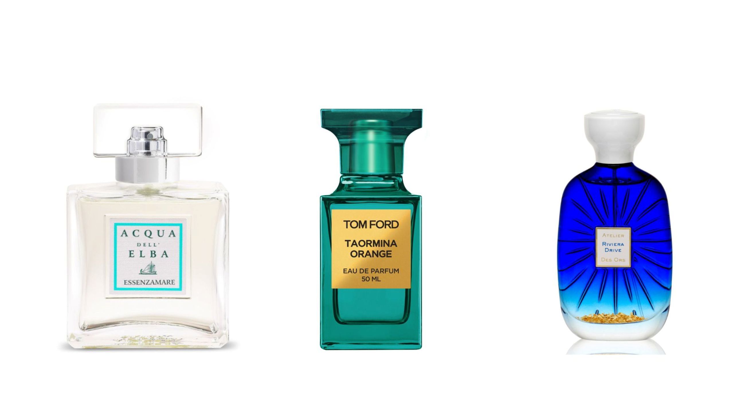 Acqua dell'Elba, Essenzamare; Tom Ford, Taormina Orange; Atelier des Ors, Riviera Drive - Credits: Courtesy Press Office 