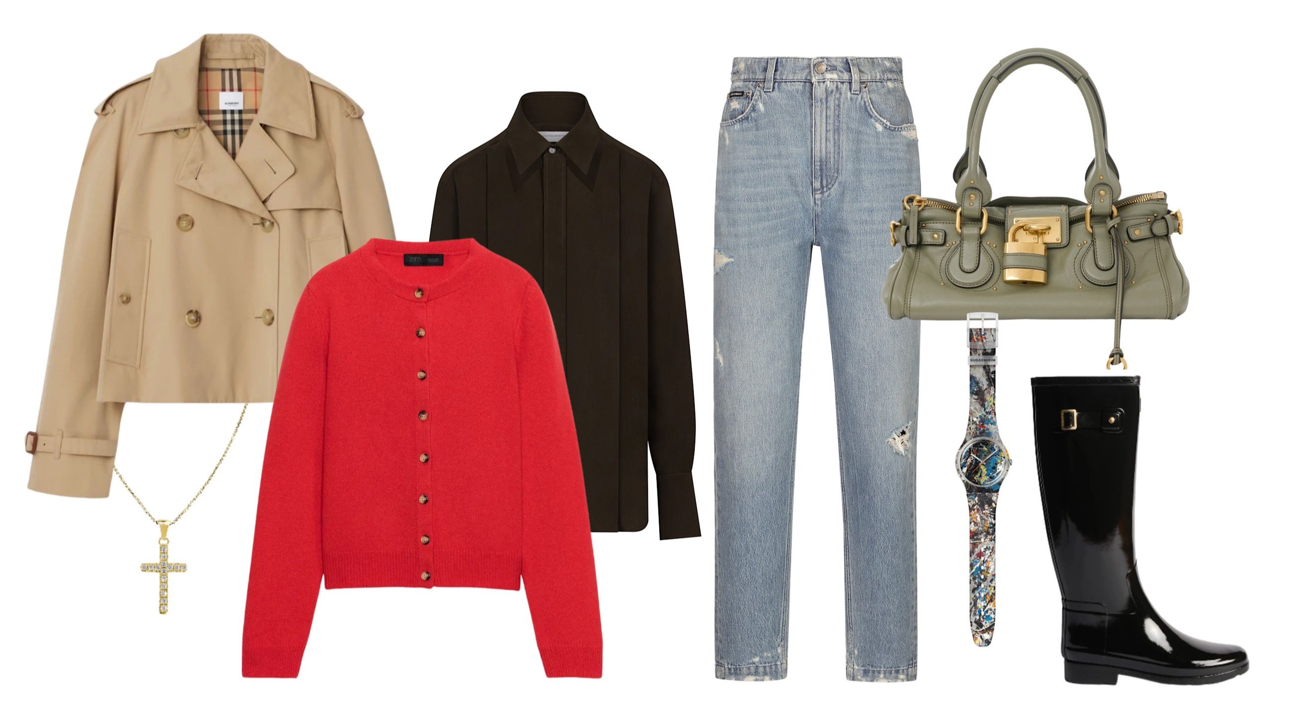 Trench, Burberry; cardigan, Zara; blusa, Victoria Beckham; jeans, Dolce&Gabbana; stivali da pioggia, Hunter; borsa, Chloé; ciondolo a croce e catenina, Amen; orologio, Pollock’s Alchemy della collezione Swatch x Guggenheim