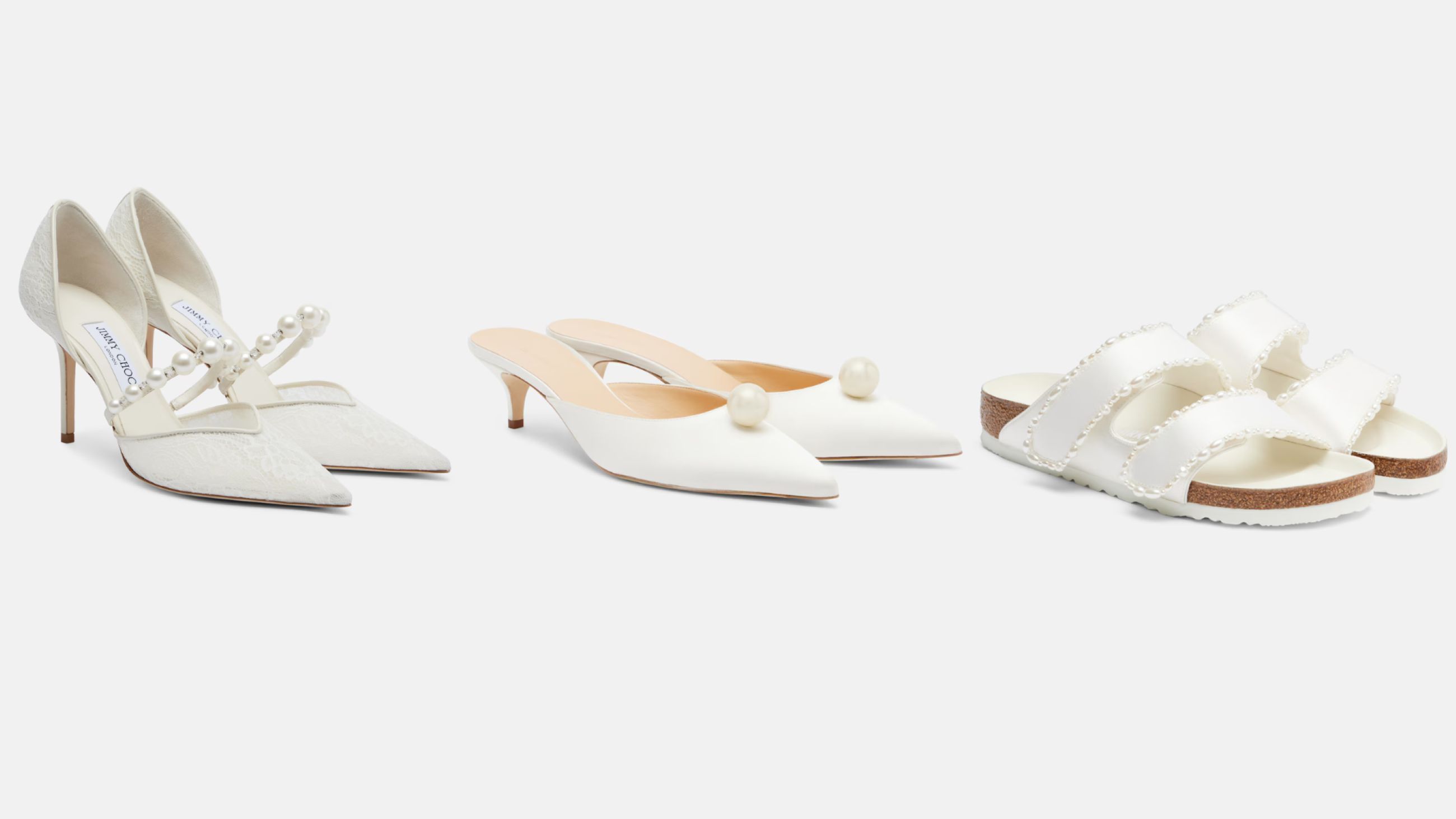 Da sinistra: scarpe bianche perle Jimmy Choo; scarpe bianche perle Magda Butrym; scarpe bianche perle Birkenstock - Courtesy Press Office