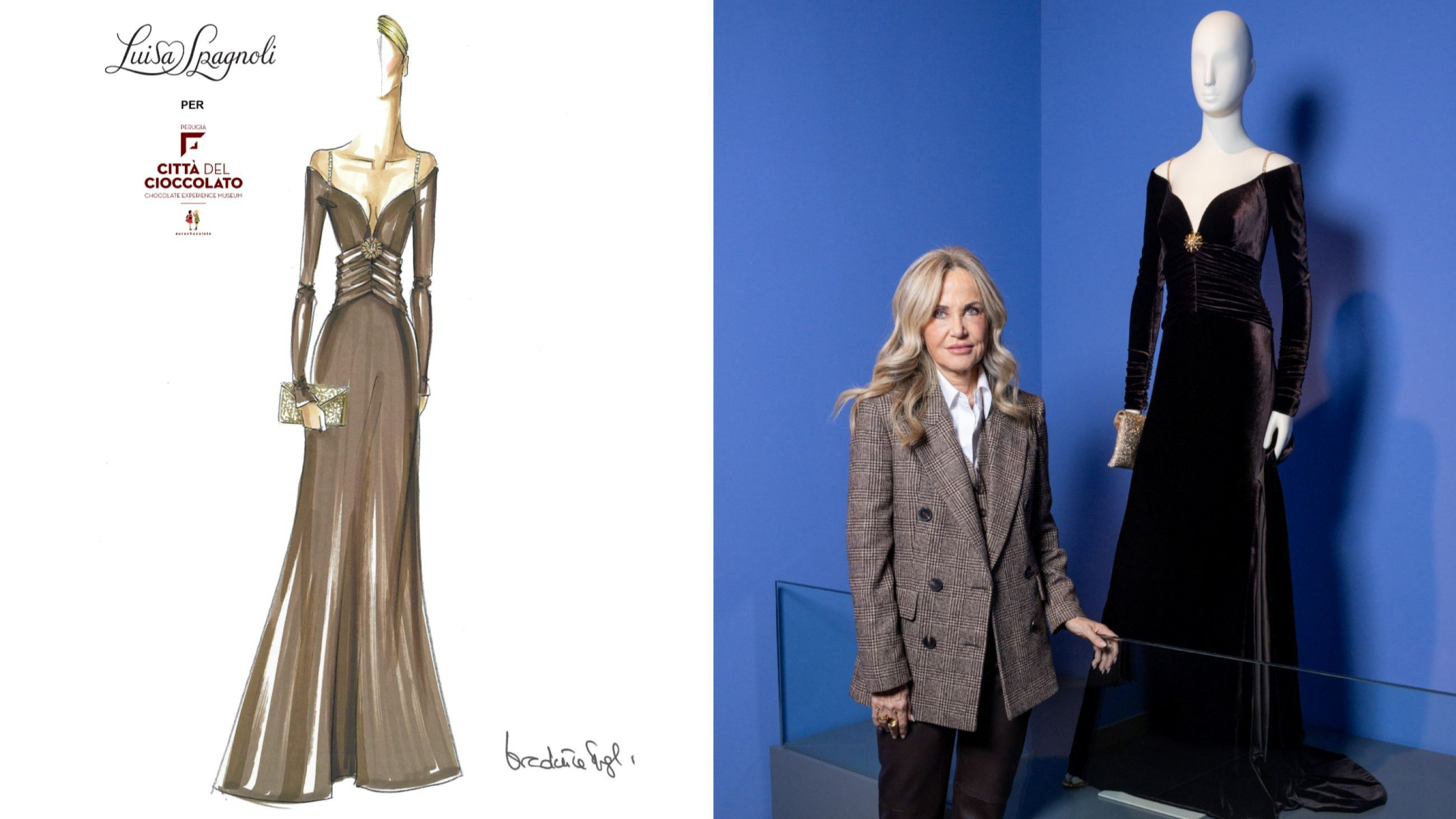 A sinistra lo sketch dell’abito di cioccolato firmato Luisa Spagnoli esposto; a destra Nicoletta Spagnoli di fianco alla sua creazione - Credits: Ufficio Stampa