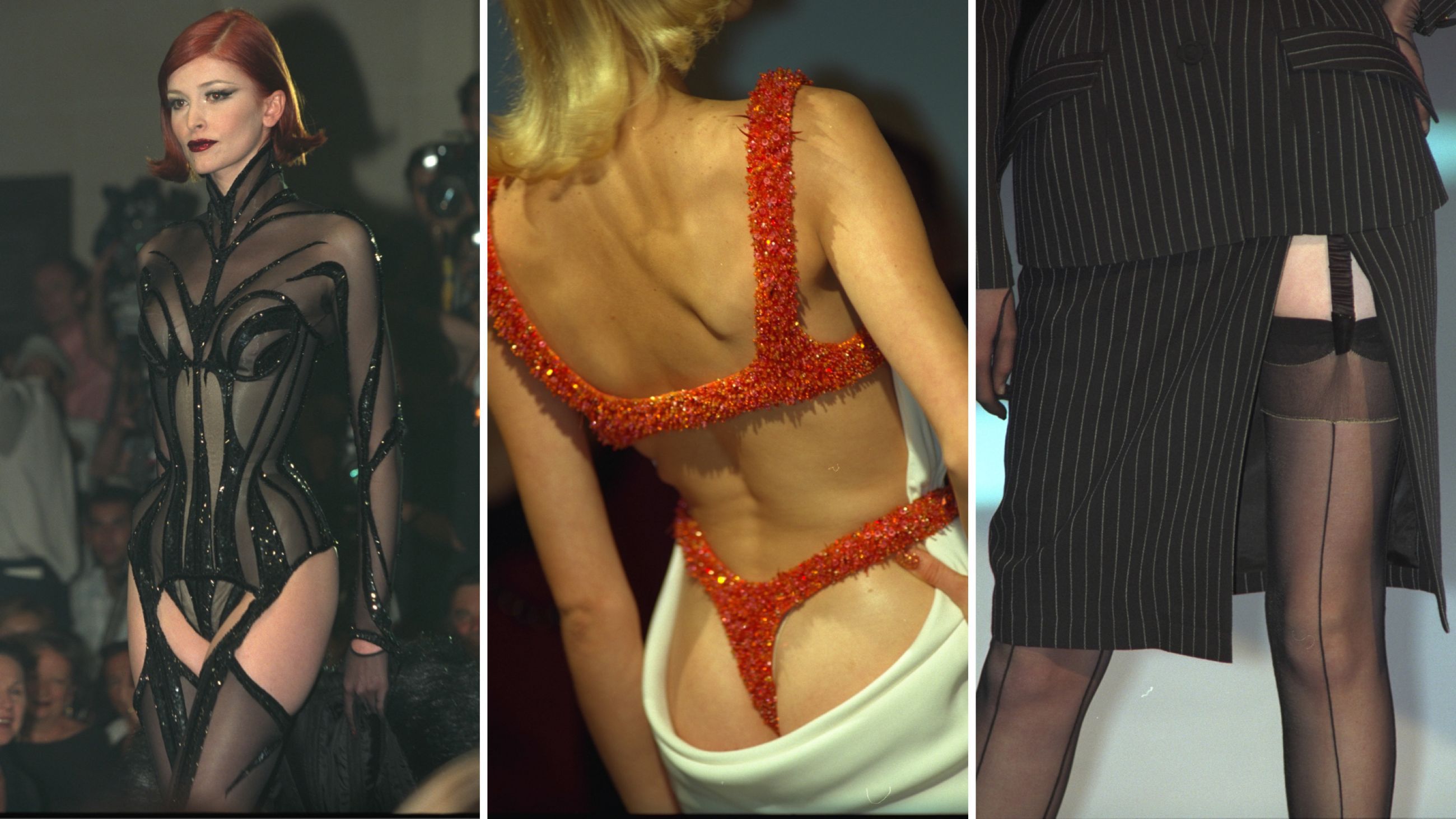 Tre elementi iconici proposti in passerella da Thierry Mugler tra il 1997 e il 1998 - Credits Getty Images