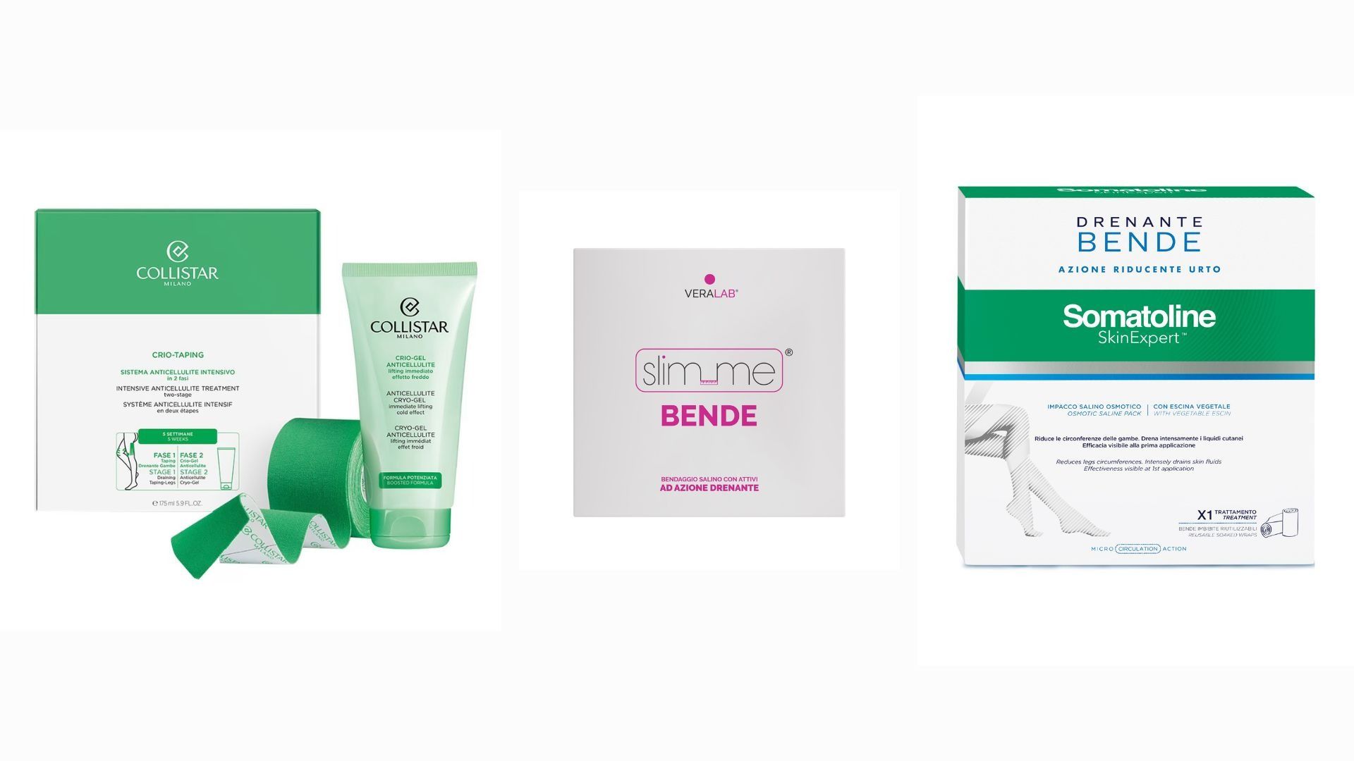 Collistar, Crio-taping Sistema Anticellulite Intensivo; Veralab, Slim Me Bende; Somatoline SkinExpert, Bende-  Credits: Courtesy Press Office