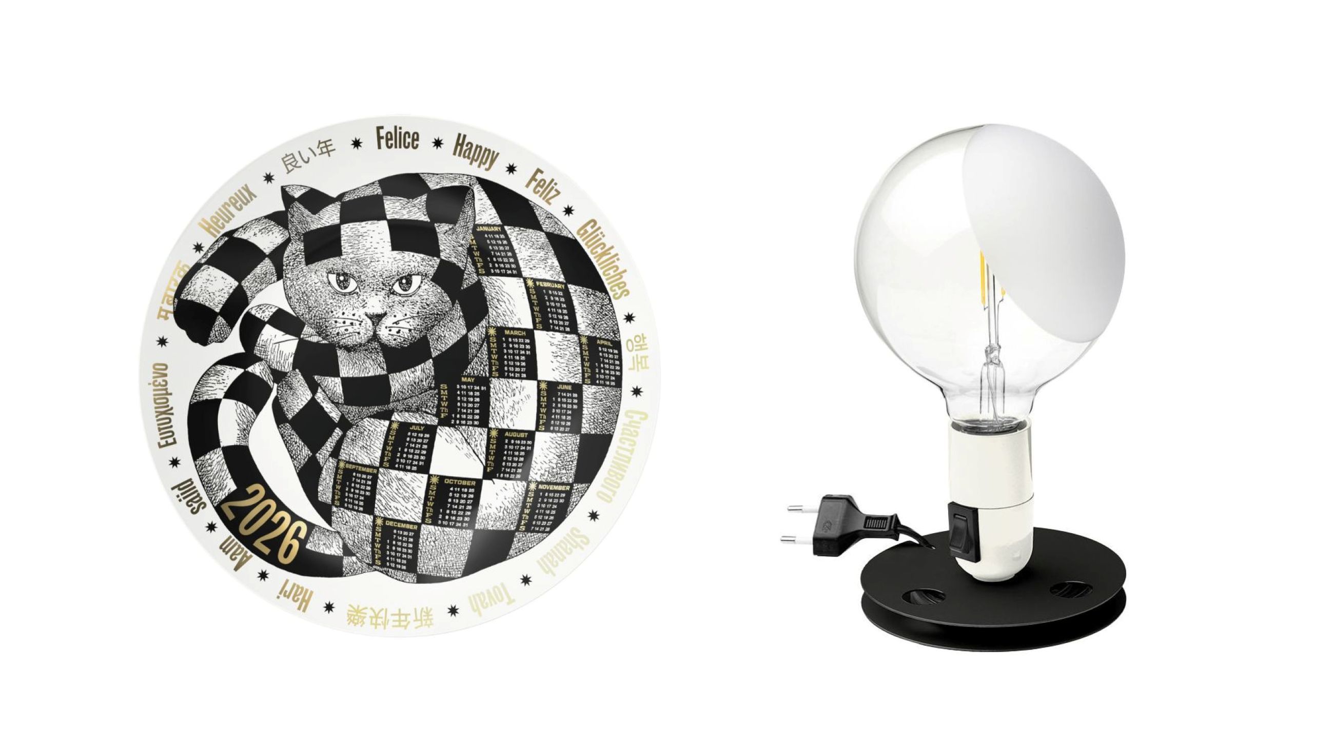Piatto Calendario 2026 Fornasetti; Lampadina di Achille Castiglioni per Flos - Courtesy Press Office