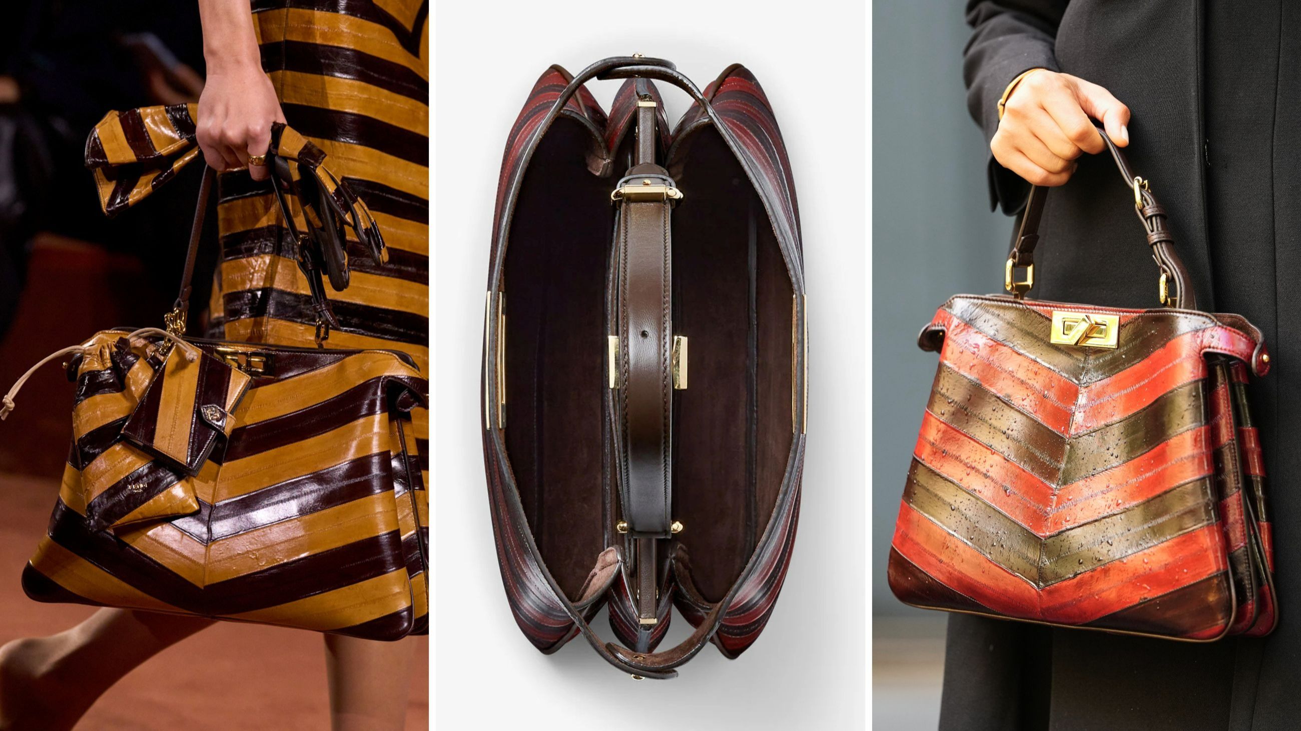 Due versioni della borsa Peekaboo firmata Fendi con motivo chevron – Credits: Launchmetrics.com/Spotlight e sito www.fendi.it