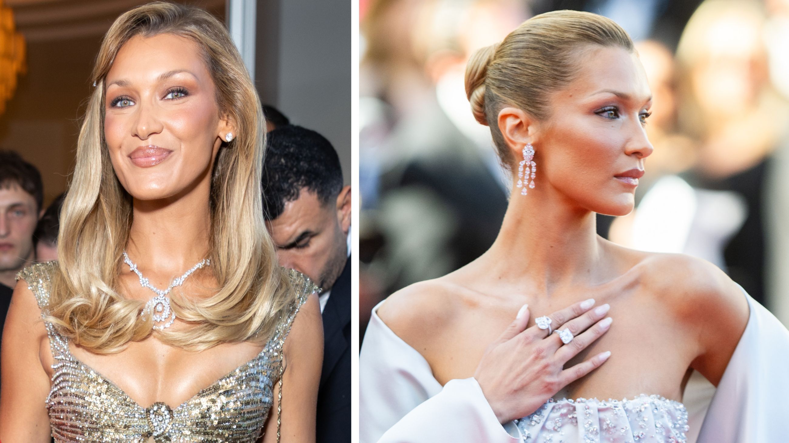 Da sinistra: Yolanda Hadid e Bella Hadid durante il 79º Festival del Cinema di Cannes, 2026; Bella Hadid partecipa alla proiezione di "Garance" durante la 79ª edizione del Festival del Cinema di Cannes, 2026 - Credits Getty Images