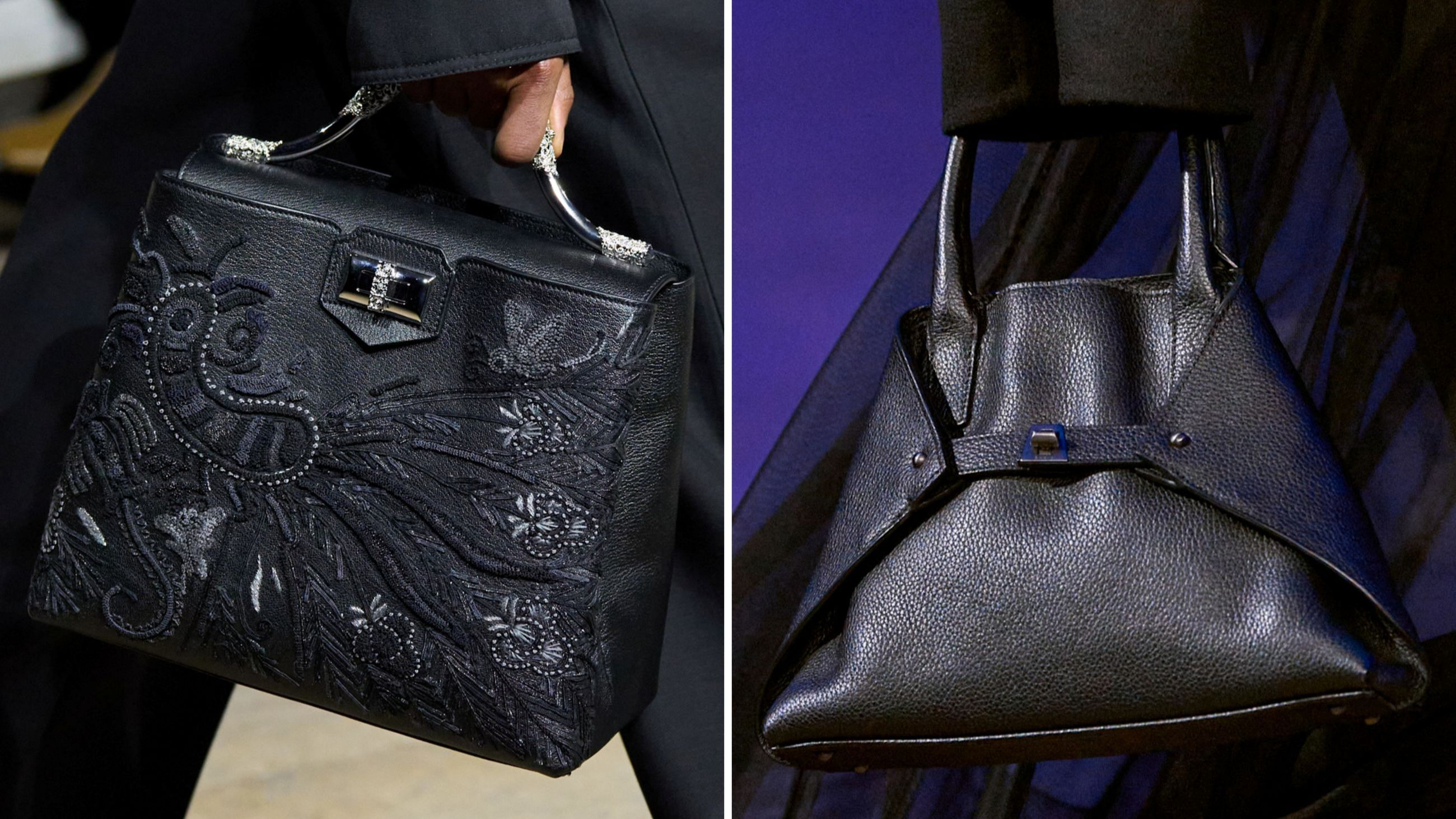 A sinistra un modello di hand bag proposto dal brand Shiatzy Chen, dai decori ispirati alla natura; a destra una creazione dalle linee irregolari firmata Akris - Credits: Launchmetrics.com/Spotlight