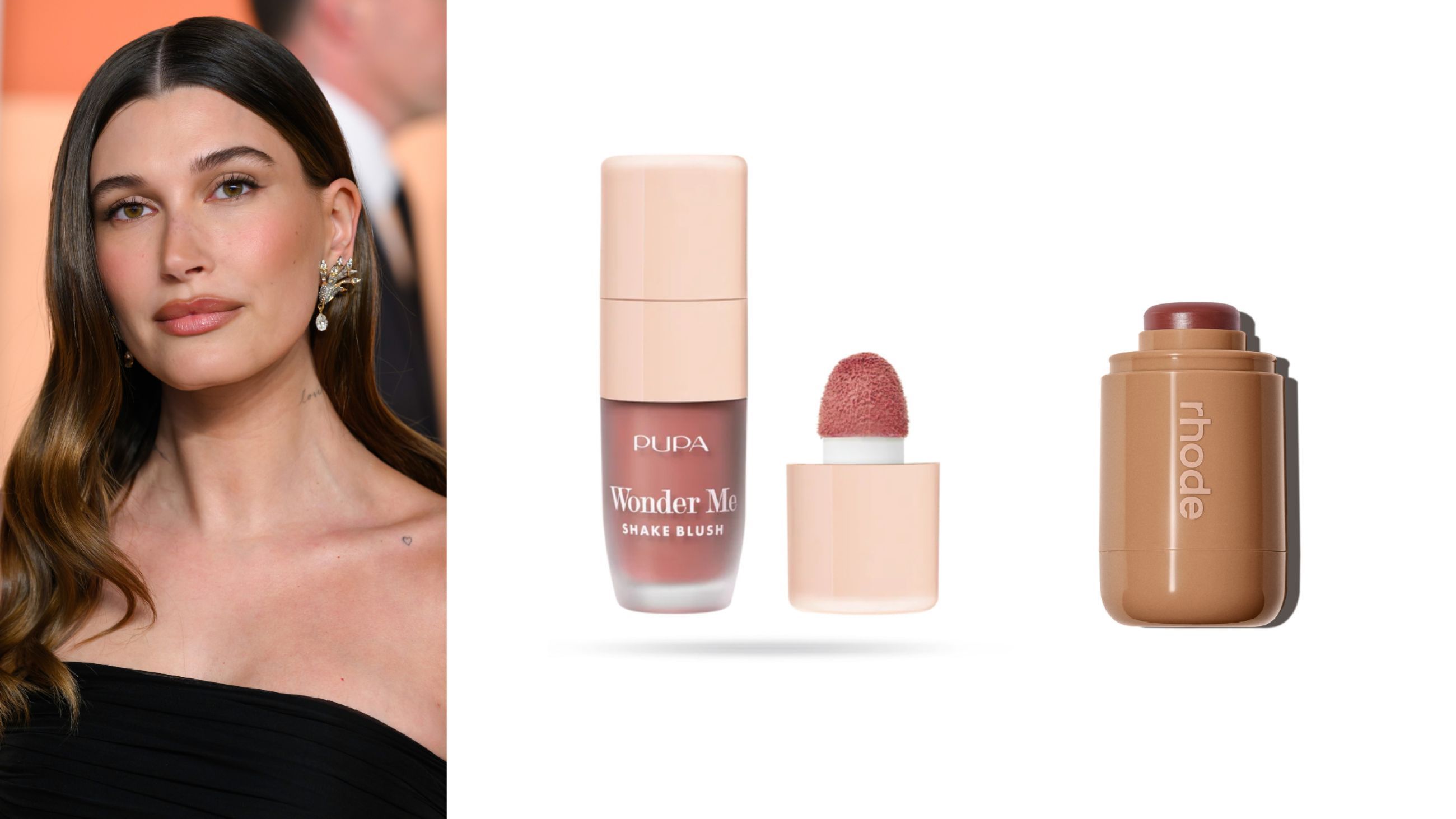 Da sinistra: Hailey Bieber - Credits Getty Images; Pupa, Wonder Me Shake Blush; Rhode, Pocket Blush - Courtesy Press Office