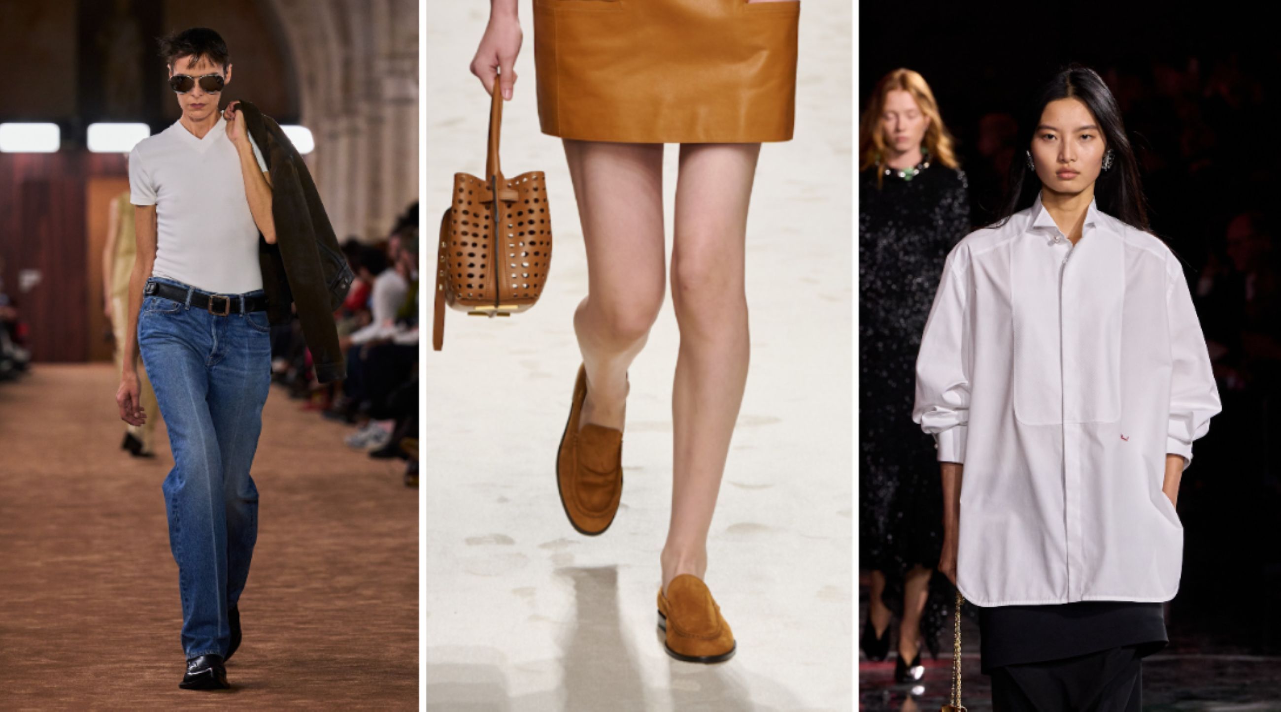 Da sinistra: Jeans Acne PE26; Mocassini Tod’s; Camicia Chanel PE26 - Credits Launchmetrics.com/Spotlight