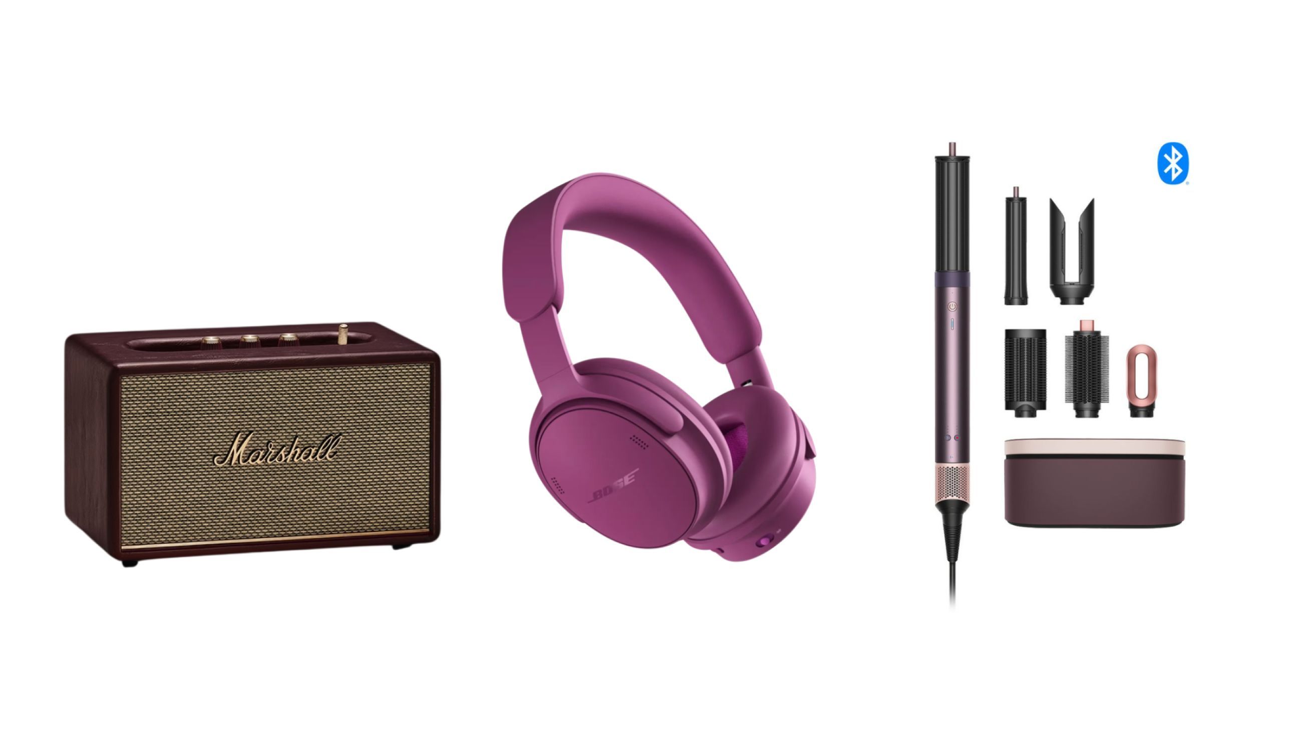 Da sinistra: Marshall Acton III Burgundy; Bose QuietComfort Headphones (2nd Gen); Dyson Airwrap Co-anda2x - Courtesy Press Office 