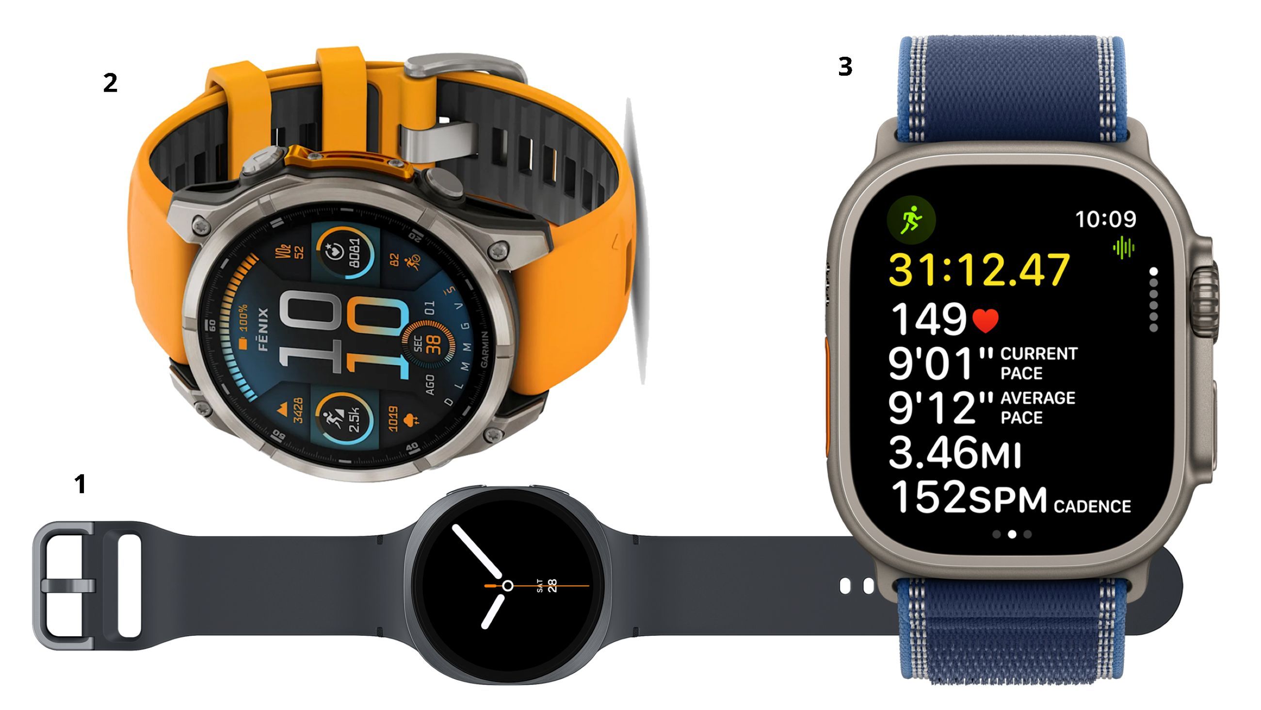 1) Samsung Galaxy Watch 8 AI; 2) Garmin Fenix 8; 3) Apple Watch Ultra 3 - Credits: Courtesy Press Office 