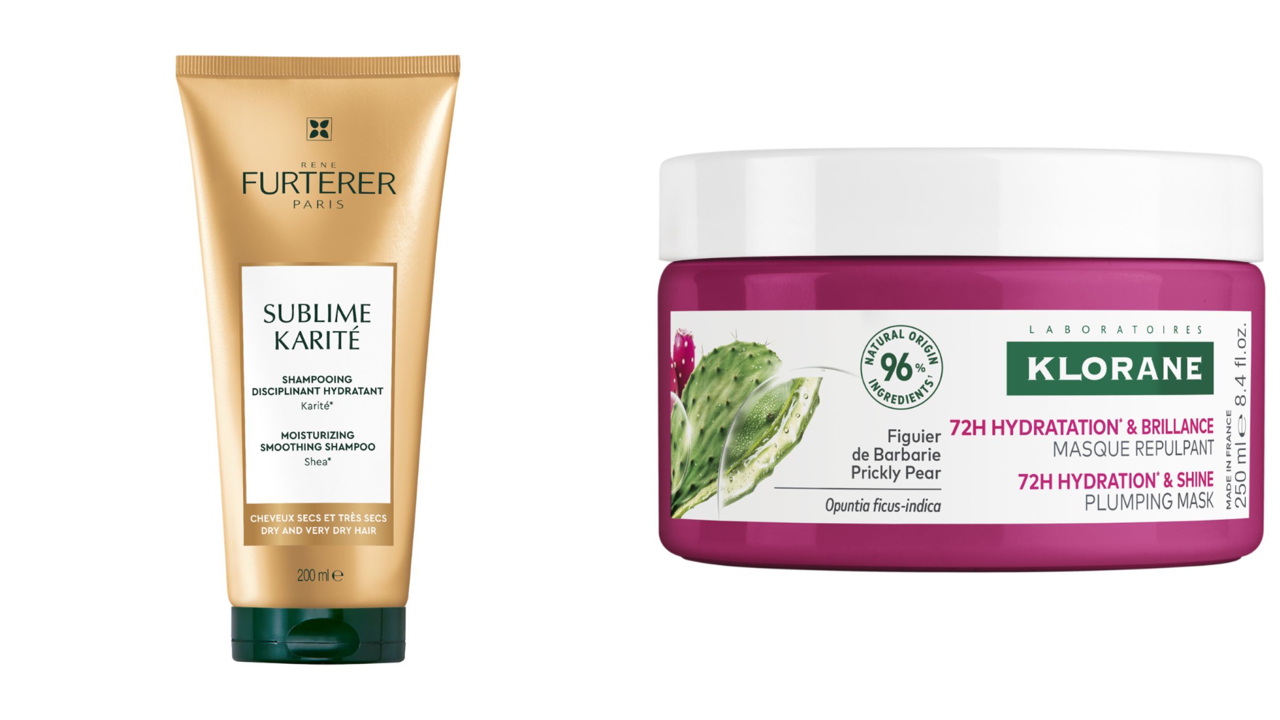 Da sinistra: Renè Furterer, Shampoo Disciplinante Idratante Sublime Karitè; Klorane, Fico d’India Maschera Rimpolpante - Courtesy Brand/Press Office