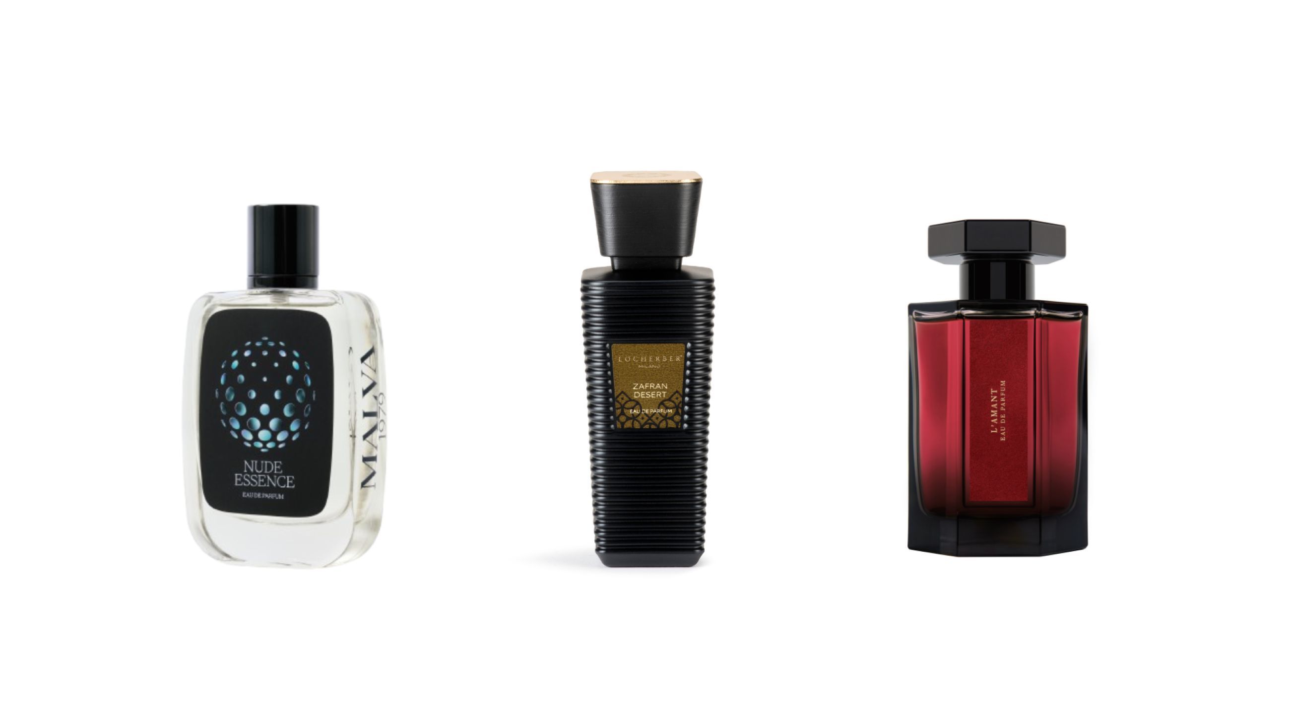 Da sinistra: Malva 1979, Nude Essence; Locherber Milano, Zafran Desert; L'Artisan Parfumeur, L’Amant - Courtesy Press Office