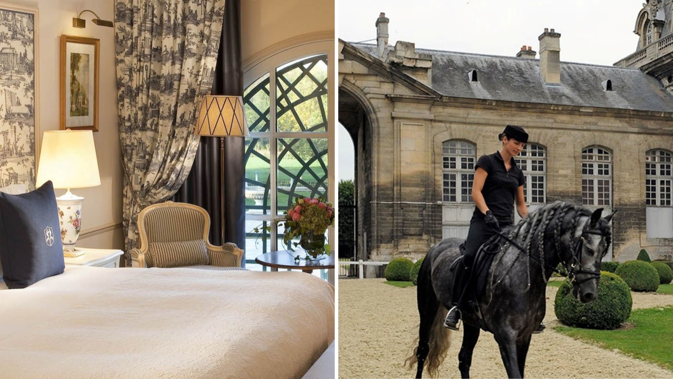 A sinistra, arredi eleganti danno vita ad ambienti sofisticati nelle camere dell’Hotel Auberge du Jeu De Paume; a destra, una ragazza a cavallo nel magico contesto del Castello di Chantilly - Credits: www.aubergedujeudepaumechantilly.fr