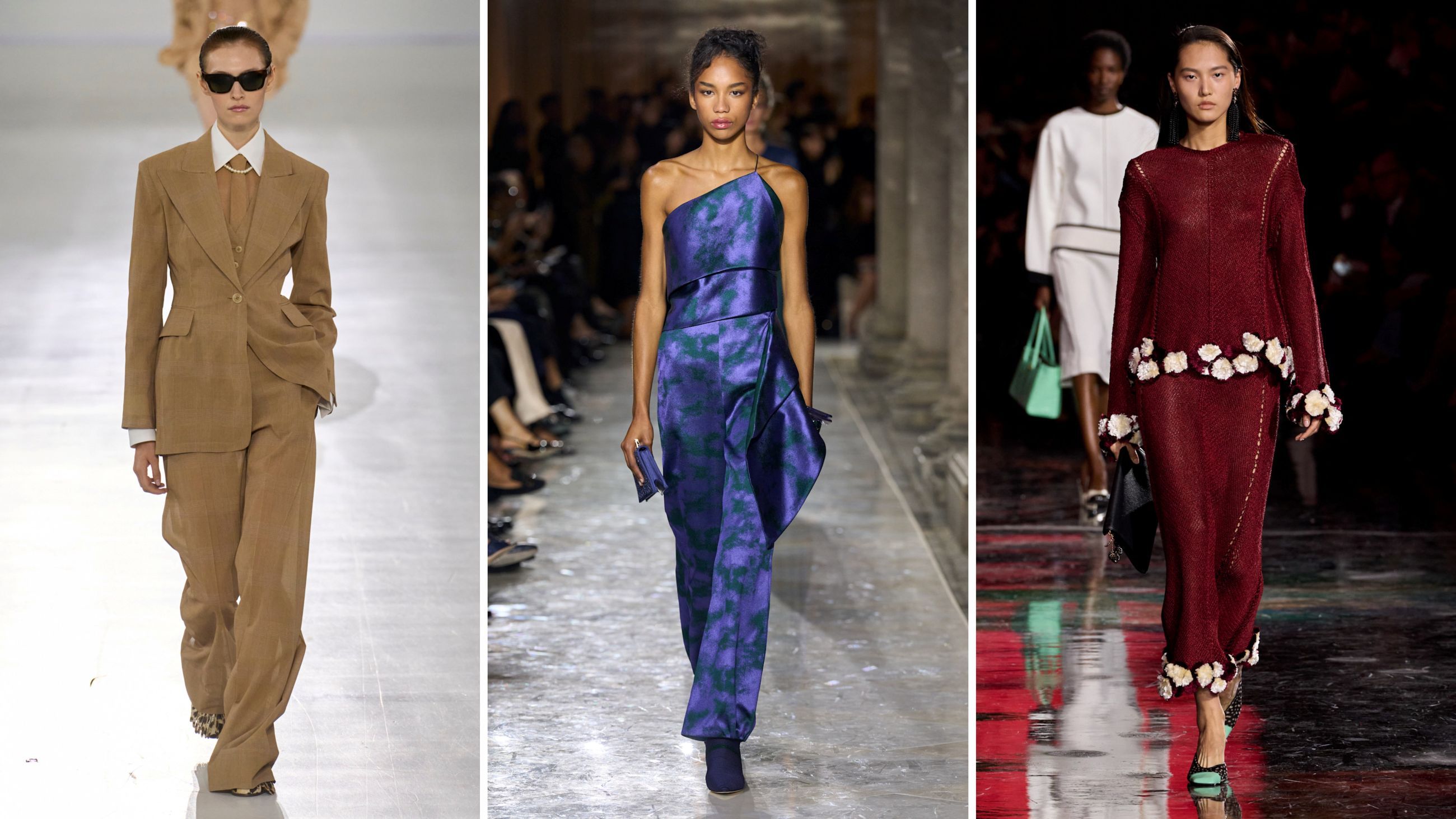 Per cerimonie celebrate nelle ore del giorno, tailleur e completi cadono a pennello. Dalle passerelle PE26: da sinistra, look Ermanno Scervino; Giorgio Armani; Chanel - Credits: Launchmetrics.com/Spotlight