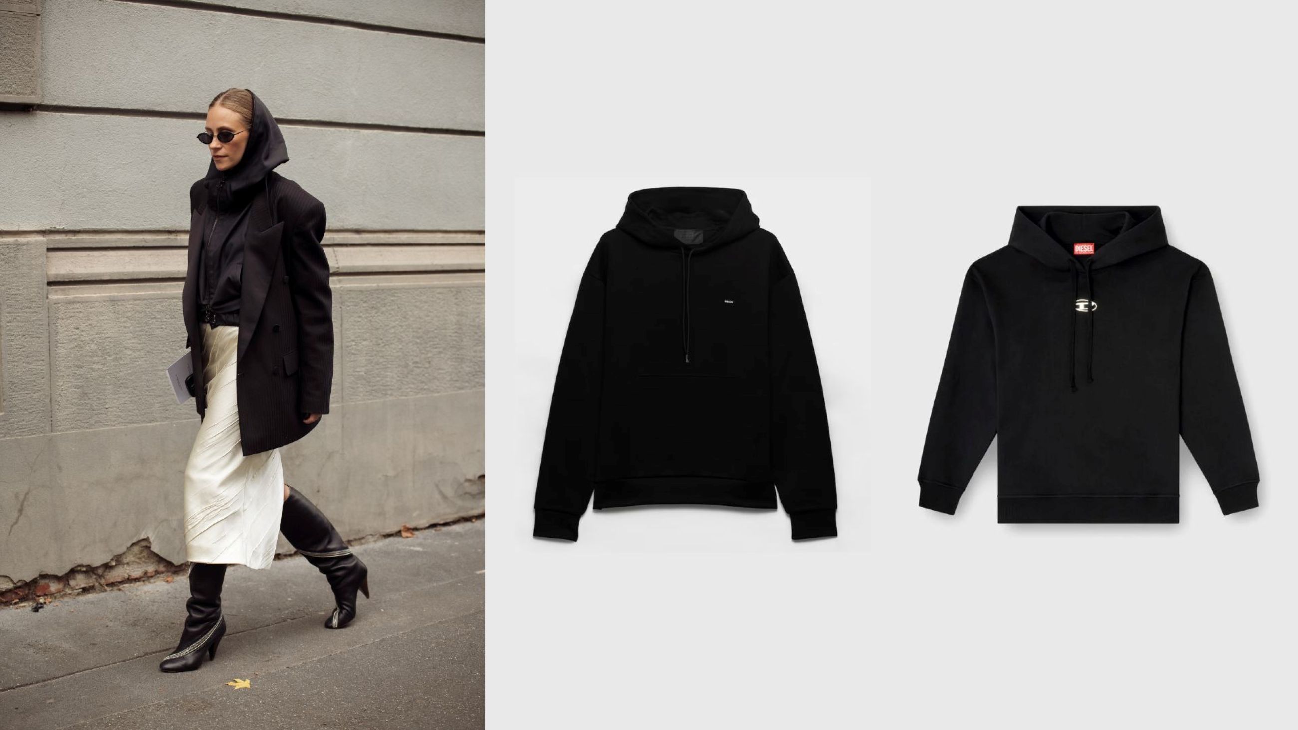 Street Style; hoodie nera Prada e felpa Diesel con Oval D - Credits: Getty Images; Courtesy Press Office