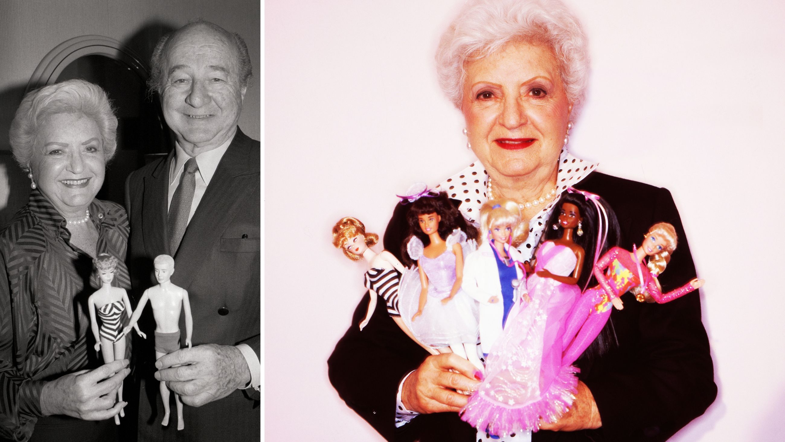 A sinistra, Ruth Handler insieme al marito Elliot Handler: lei tiene in mano un modello di Barbie e lui, invece, Ken, 1987; a destra, Ruth sorride mostrando alcune bambole della linea Barbie, 1994 - Credits: Getty Images
