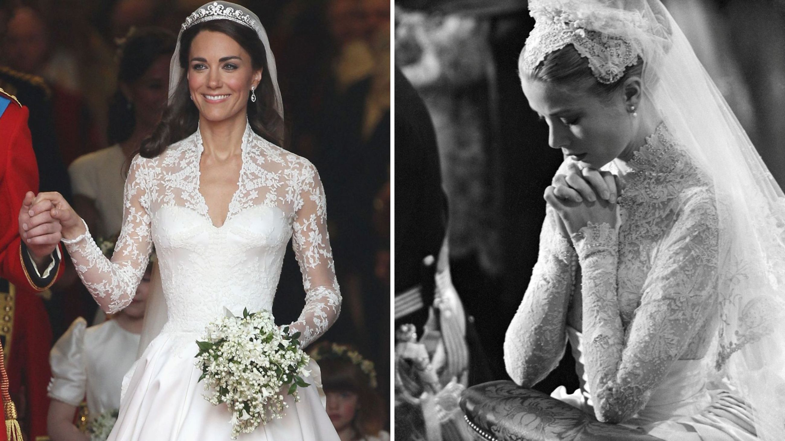 Da sinistra a destra, Kate Middleton (2011) e Grace Kelly (1956) in abito da sposa - Credits: Getty Images