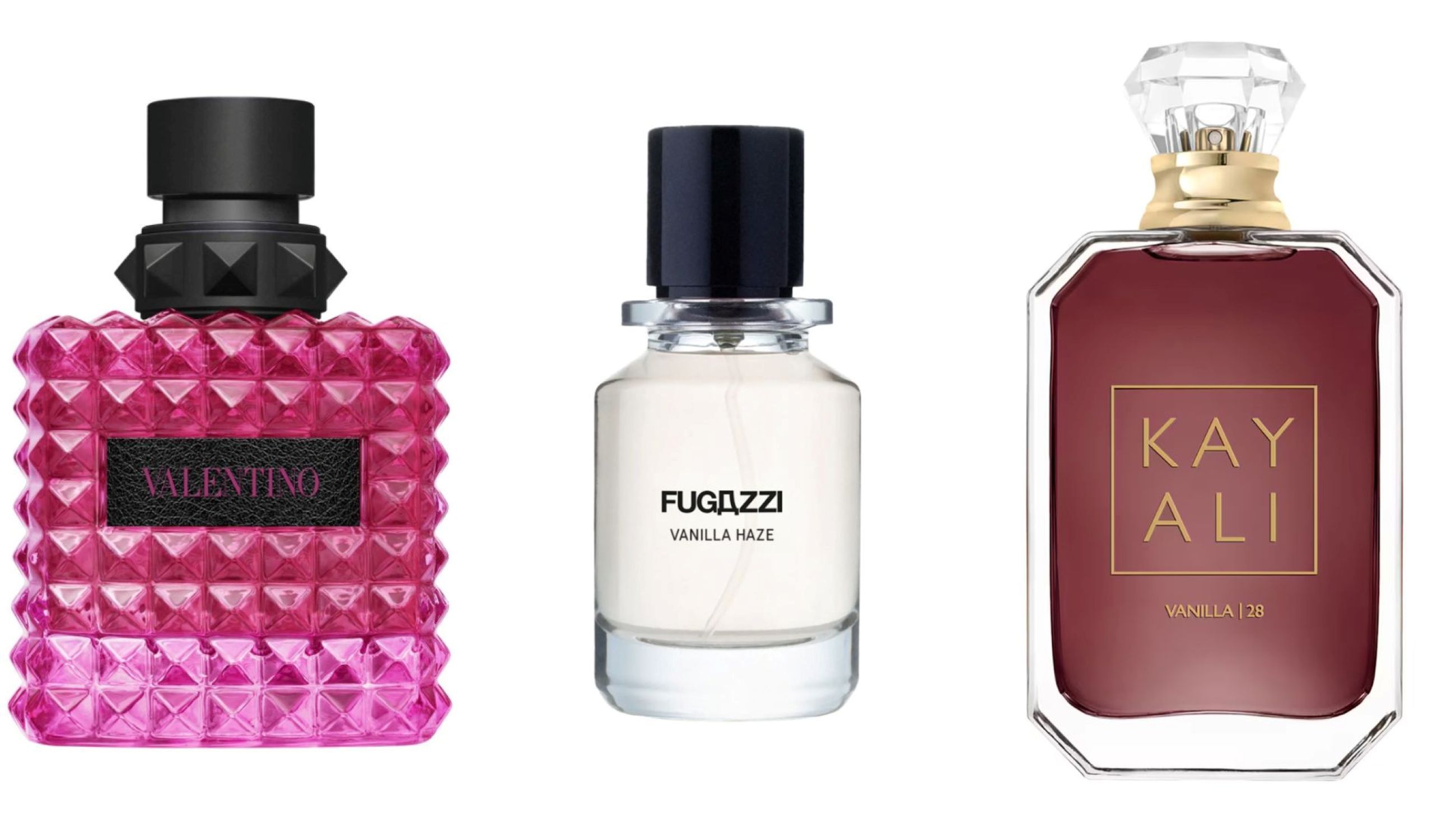 Valentino Beauty, Born in Roma Extradose; Fugazzi, Vanilla Haze XDP; Kayali, Vanilla 28 Credits: Courtesy Press Office
