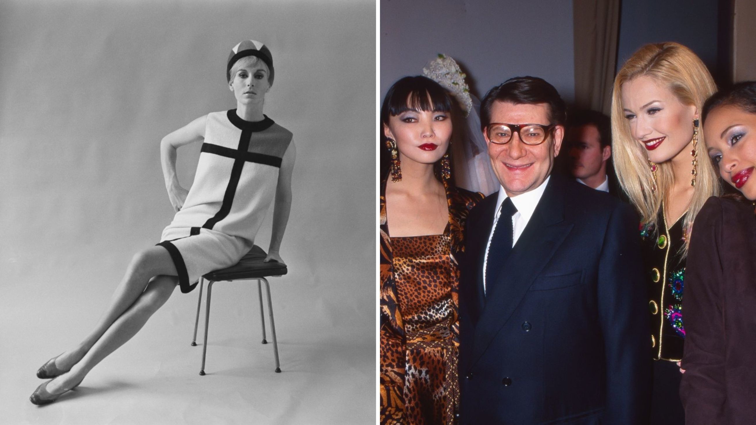 Una modella indossa un abito da giorno della collezione Mondrian dello stilista di moda francese Yves Saint Laurent, 23 agosto 1965. La collezione era ispirata ai dipinti di Piet Mondrian; Lo stilista Yves Saint Laurent posa con le modelle Naomi Campbell (a sinistra), Karen Mulder (seconda da destra) e Brandi Quinones (a destra) dopo la sfilata Yves Saint Laurent Ready to Wear Autunno/Inverno 1995-96, nell’ambito della Settimana della Moda di Parigi, il 21 marzo 1995 a Parigi, Francia - Credits: Getty Images