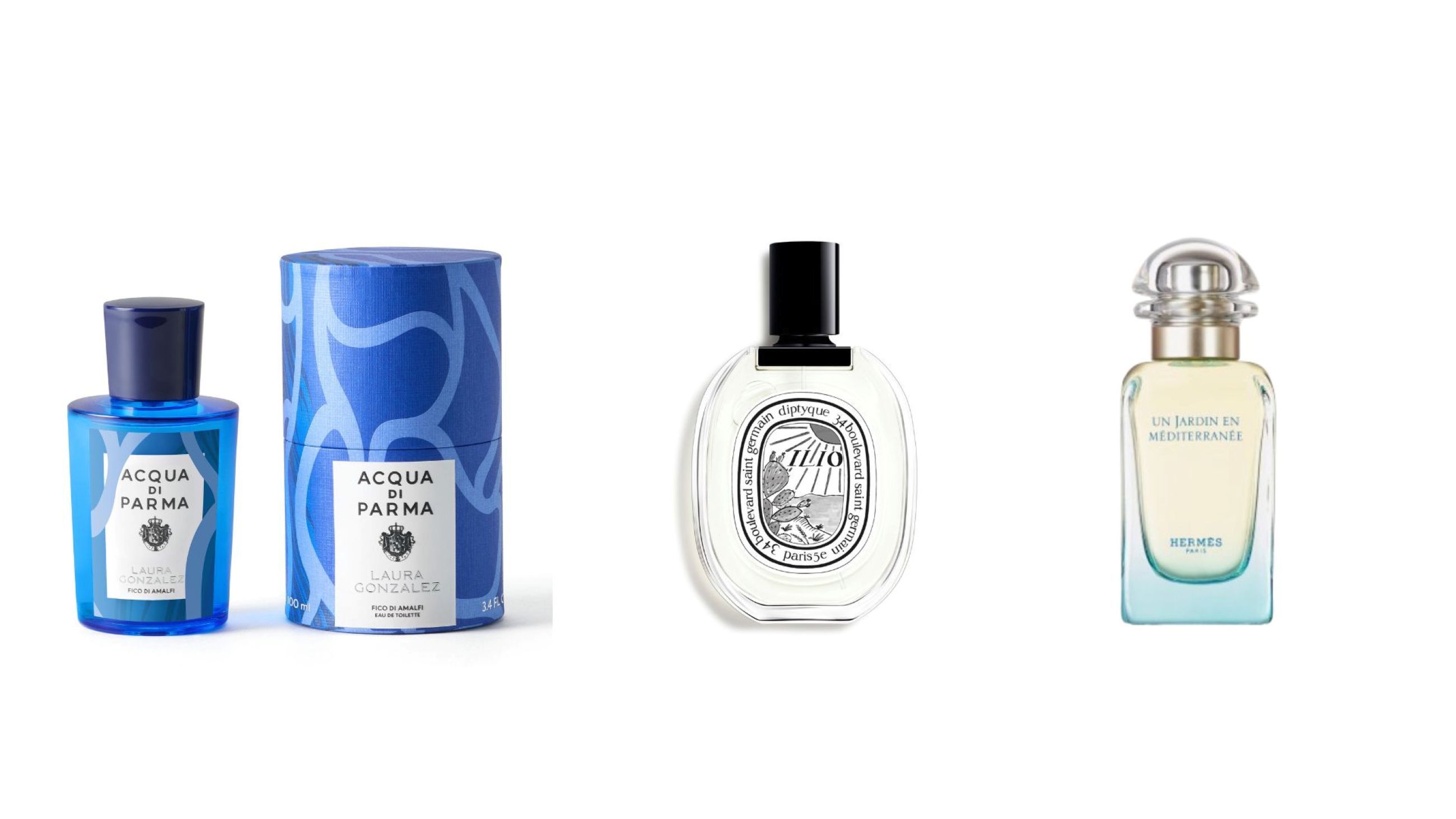 Acqua di Parma, Fico di Amalfi; Diptyque, Ilio ; Hermès, Un Jardin en Méditerranée - Credits: Courtesy Press Office 