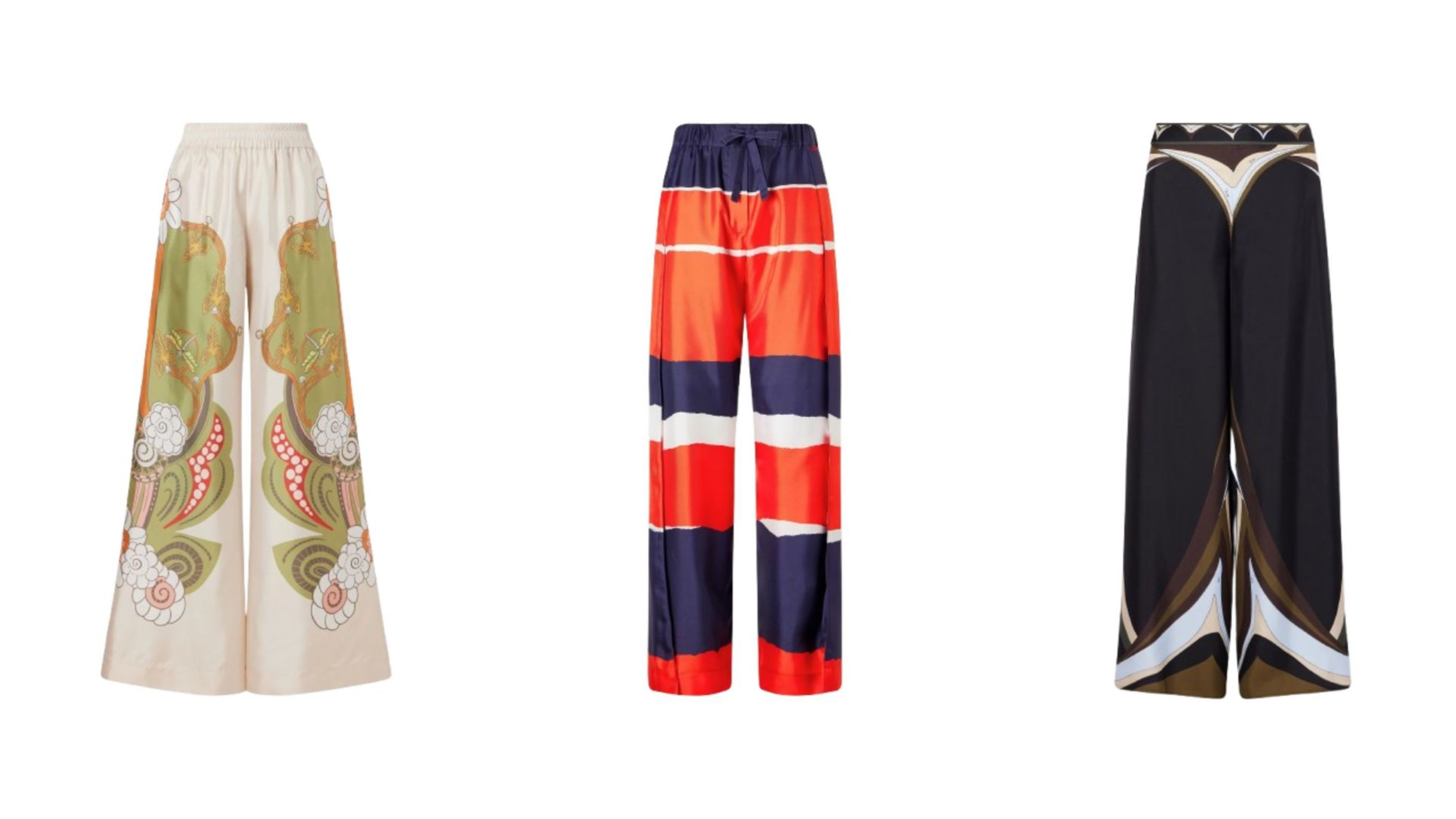 Pantaloni maxi a vita alta di La Double J; pantaloni maxi a righe di Loewe; pantaloni maxi a righe nere, celeste e khaki di Pucci Credits: Courtesy Press Office
