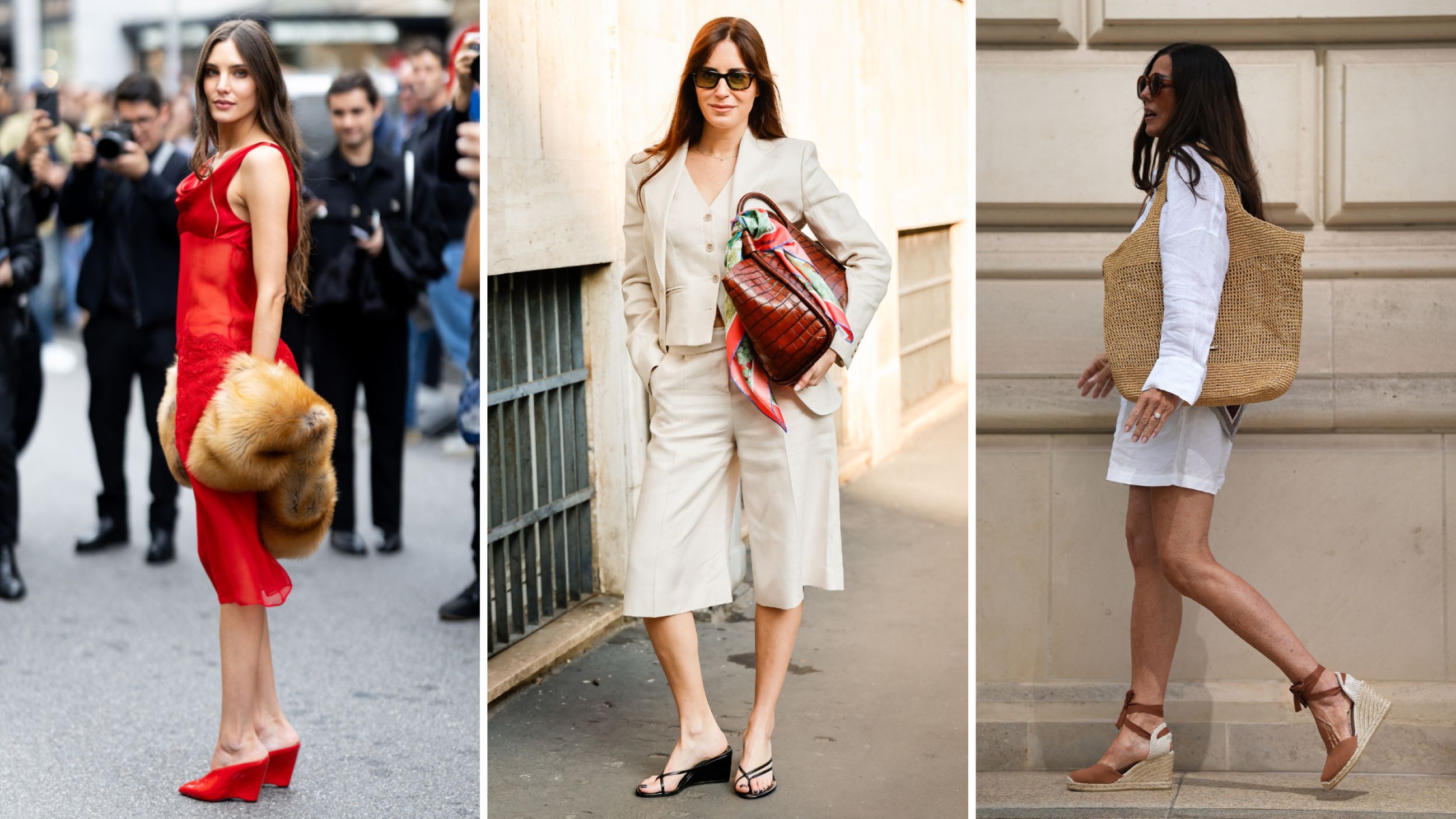 Da sinistra: Macarena Achaga indossa zeppe in pelle rossa Ferragamo; Gala Gonzalez indossa zeppe nere Max Mara; Angelika Hanel indossa tacchi alti plateau con suola beige in canapa - Credits Getty Images