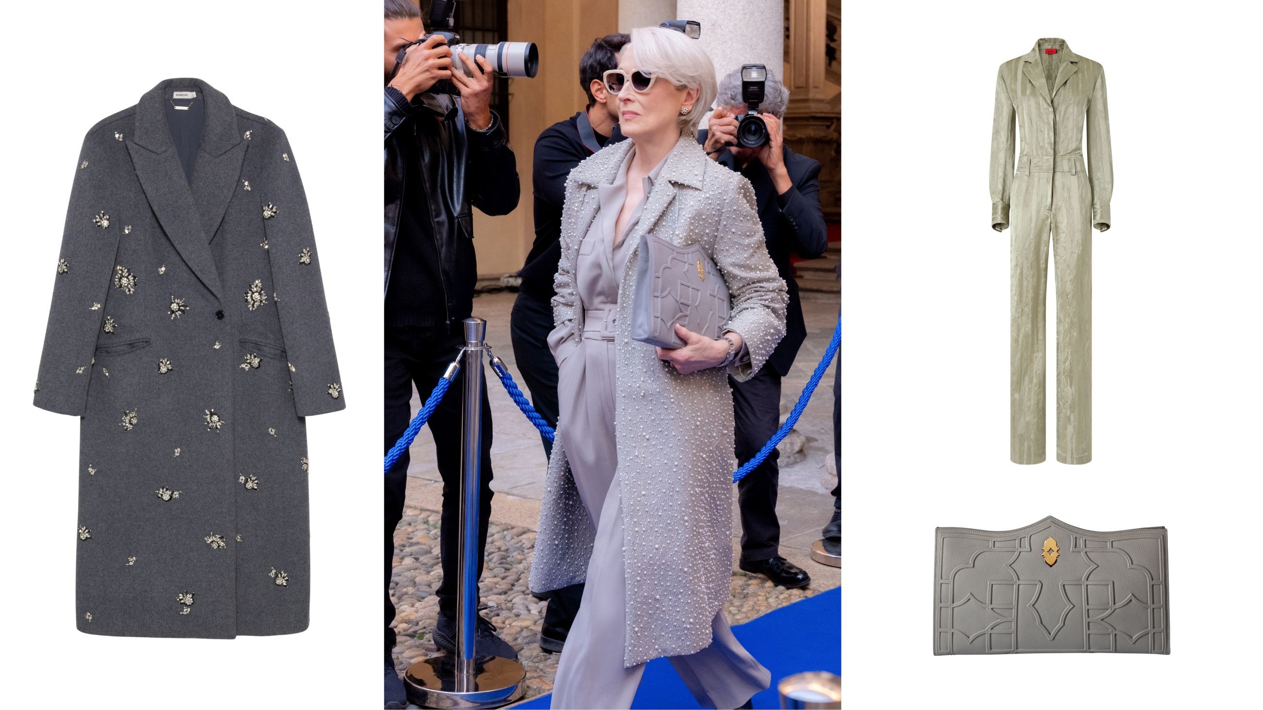 Da sinistra: cappotto gioiello, Simkhai; tuta, Ferrari; borsa clutch nata dalla collaborazione di Louvre Abu Dhabi e Dellaluna - Credits: www.simkhai.com; www.ferrari.com; Dellaluna Press Office 