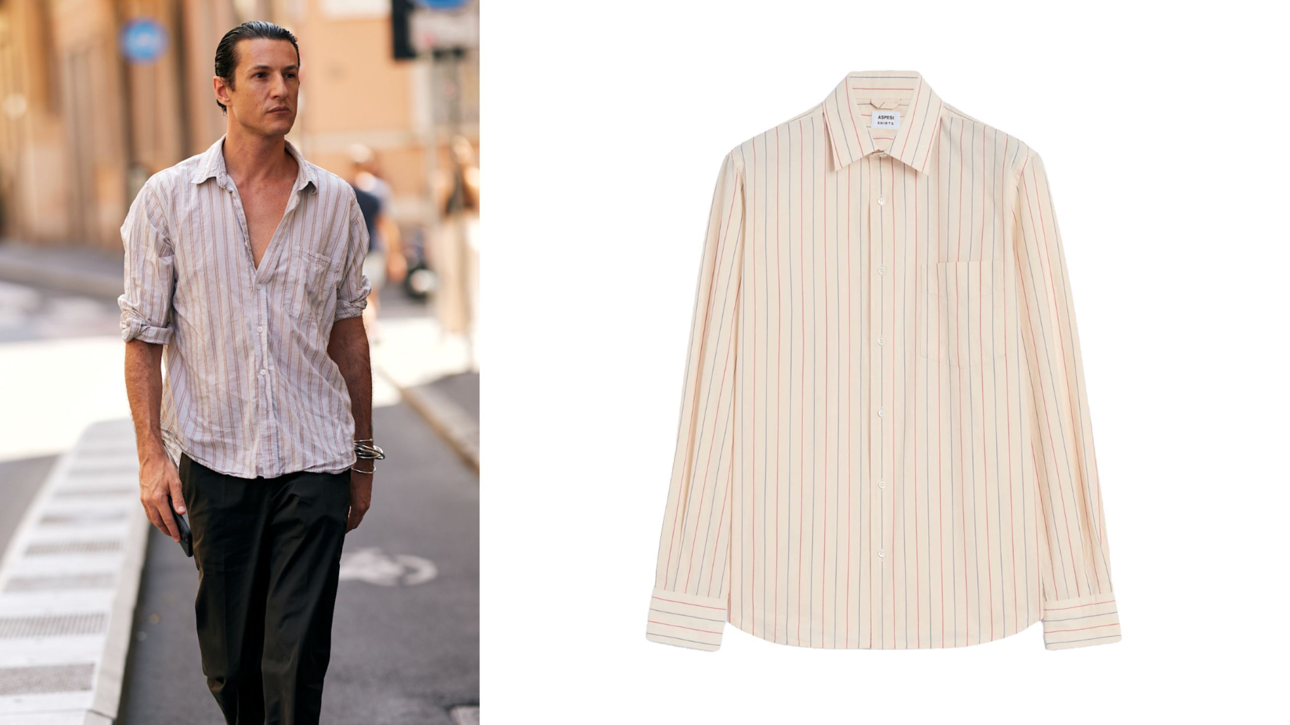 Da sinistra: Credits Launchmetrics.com/Spotlight; Camicia maschile in cotone a righe, Aspesi