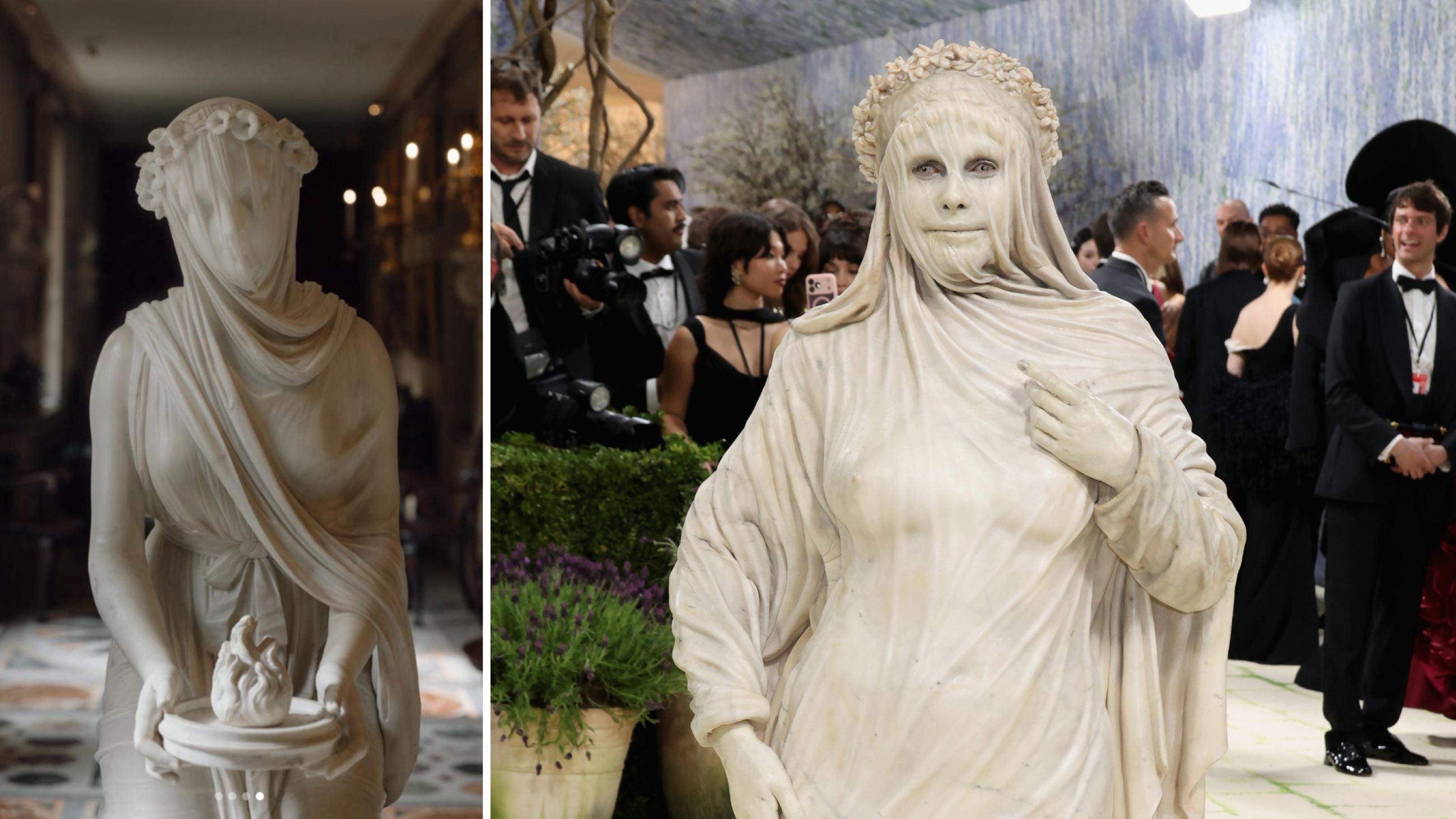 A sinistra: Vestale Velata di Raffaele Monti, 1847; a destra: Heidi Klum al Met Gala 2026 - Credits Getty Images