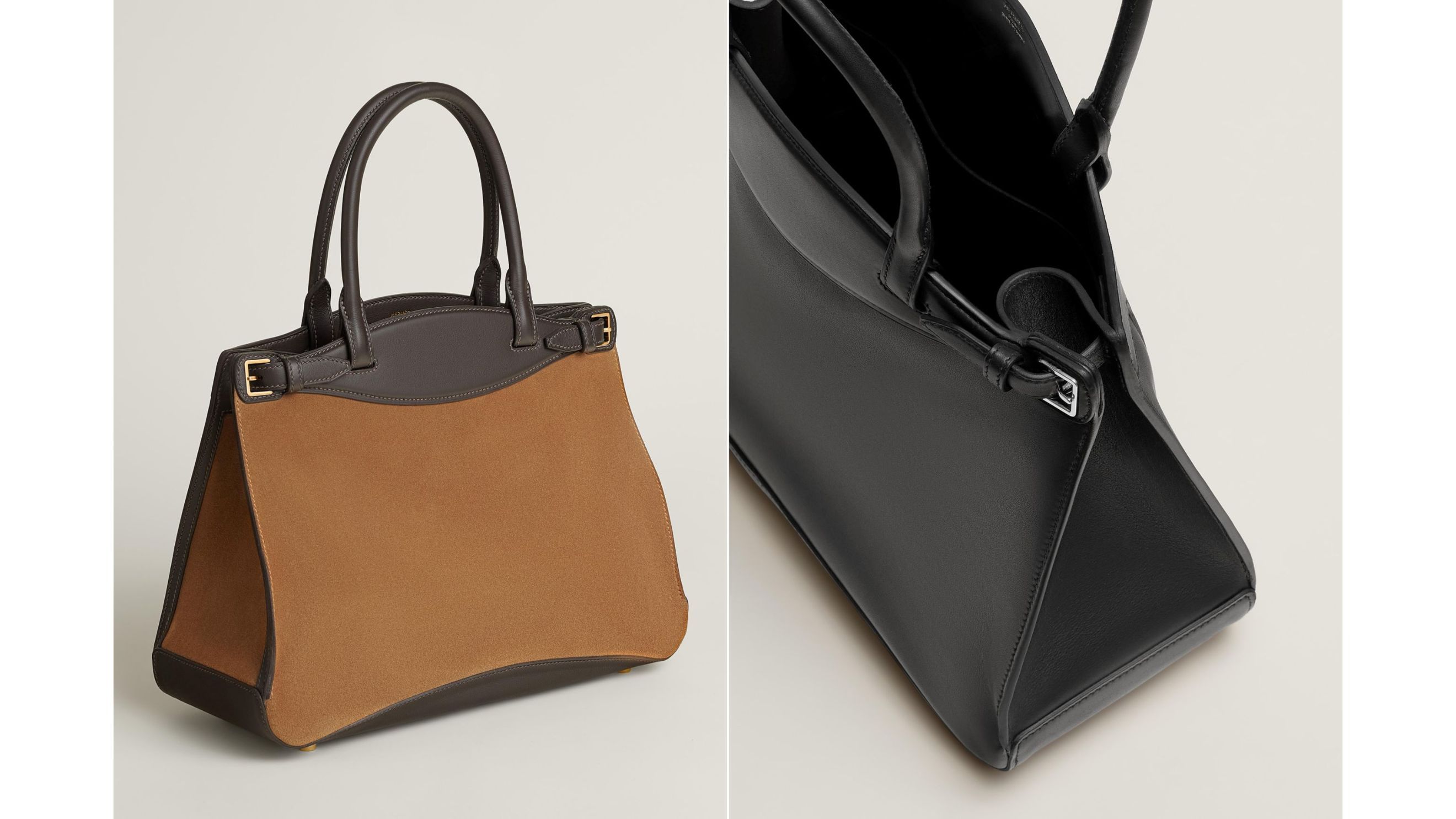 Da sinistra, un modello di Bridon bag in pelle e camoscio, su cui spiccano i toni del marrone chiaro; a destra, una versione della borsa in pelle nera, da cui si intravede l’interno ampio - Credits: Launchmetrics.com/Spotlight