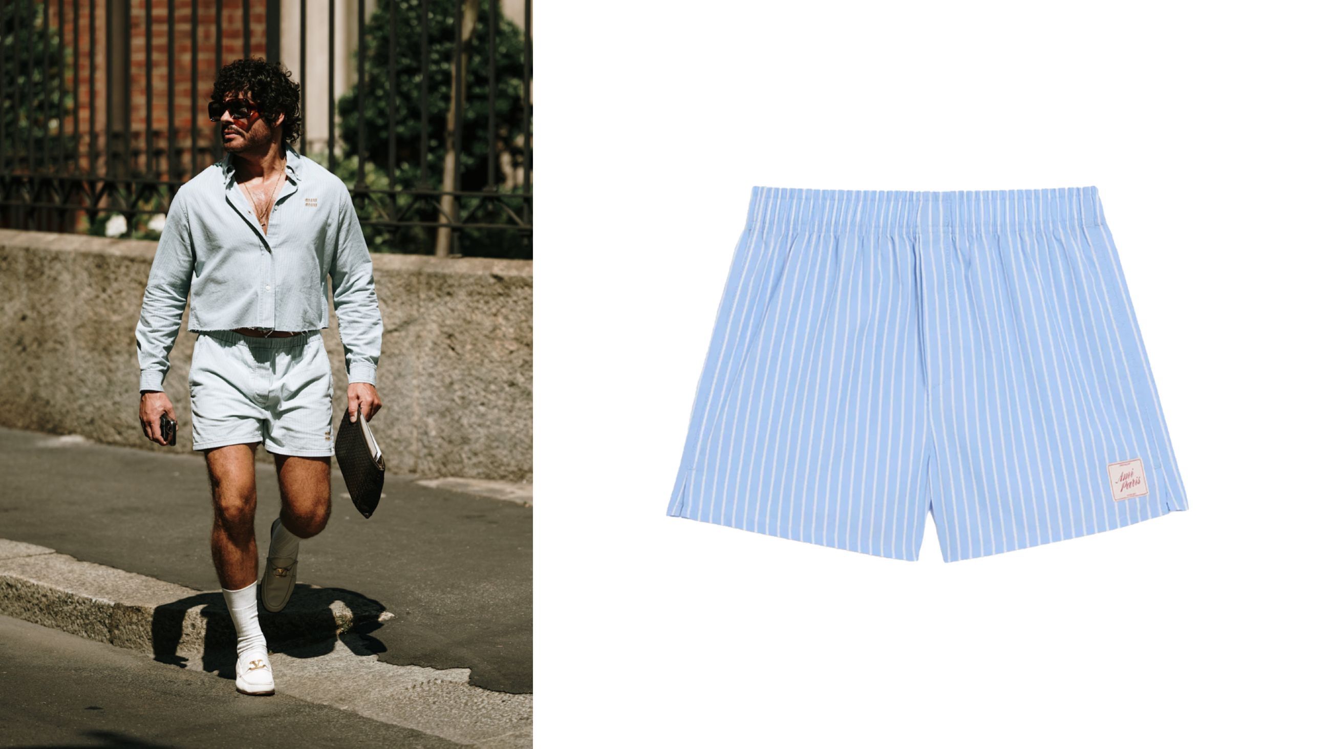 Da sinistra: Credits Launchmetrics.com/Spotlight; Boxer in popeline di cotone a righe, Ami Paris