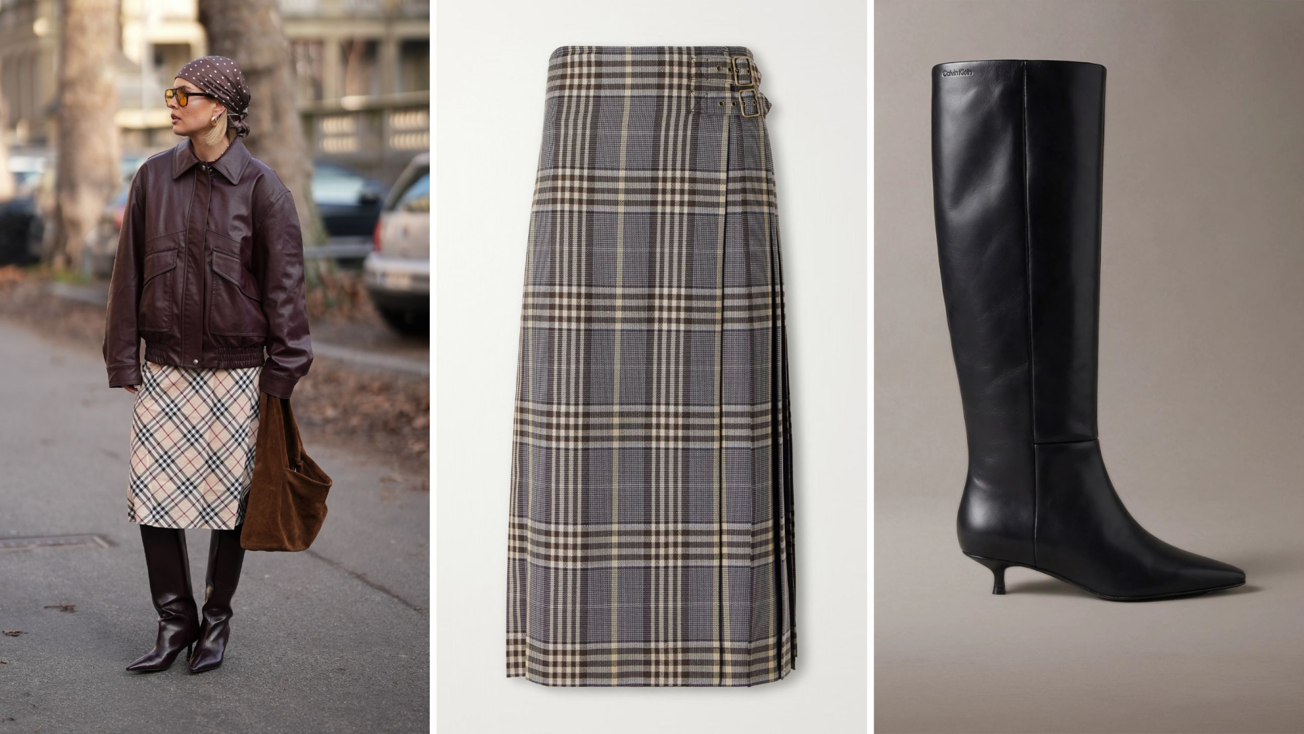 Da sinistra: Credits Getty Images; Shopping: gonna Burberry, stivale Calvin Klein.