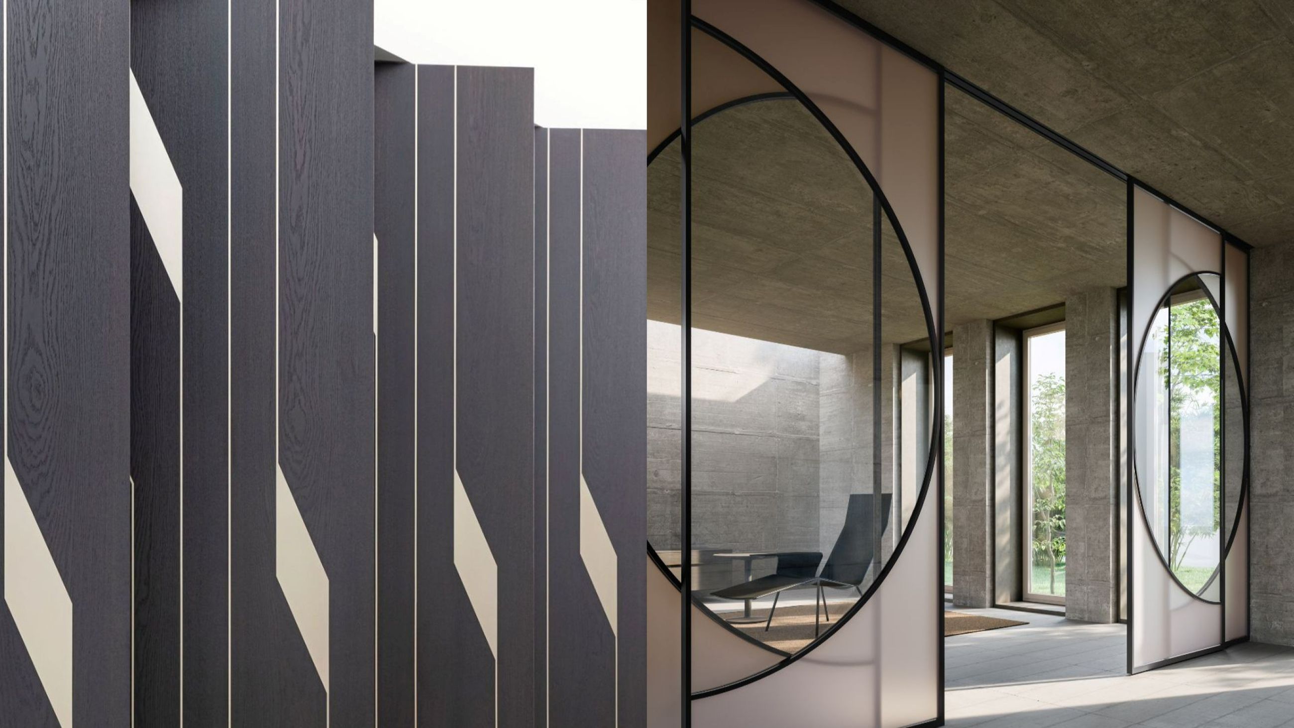 Sistema Teatro, Lualdi: ante a bilico in rovere moka con inserti in bronzo, scenografiche; Sistema Archi, ADL Design: vetro temperato e profili in alluminio con cerchi iconici - Credits: Courtesy Lualdi; Courtesy ADL Design