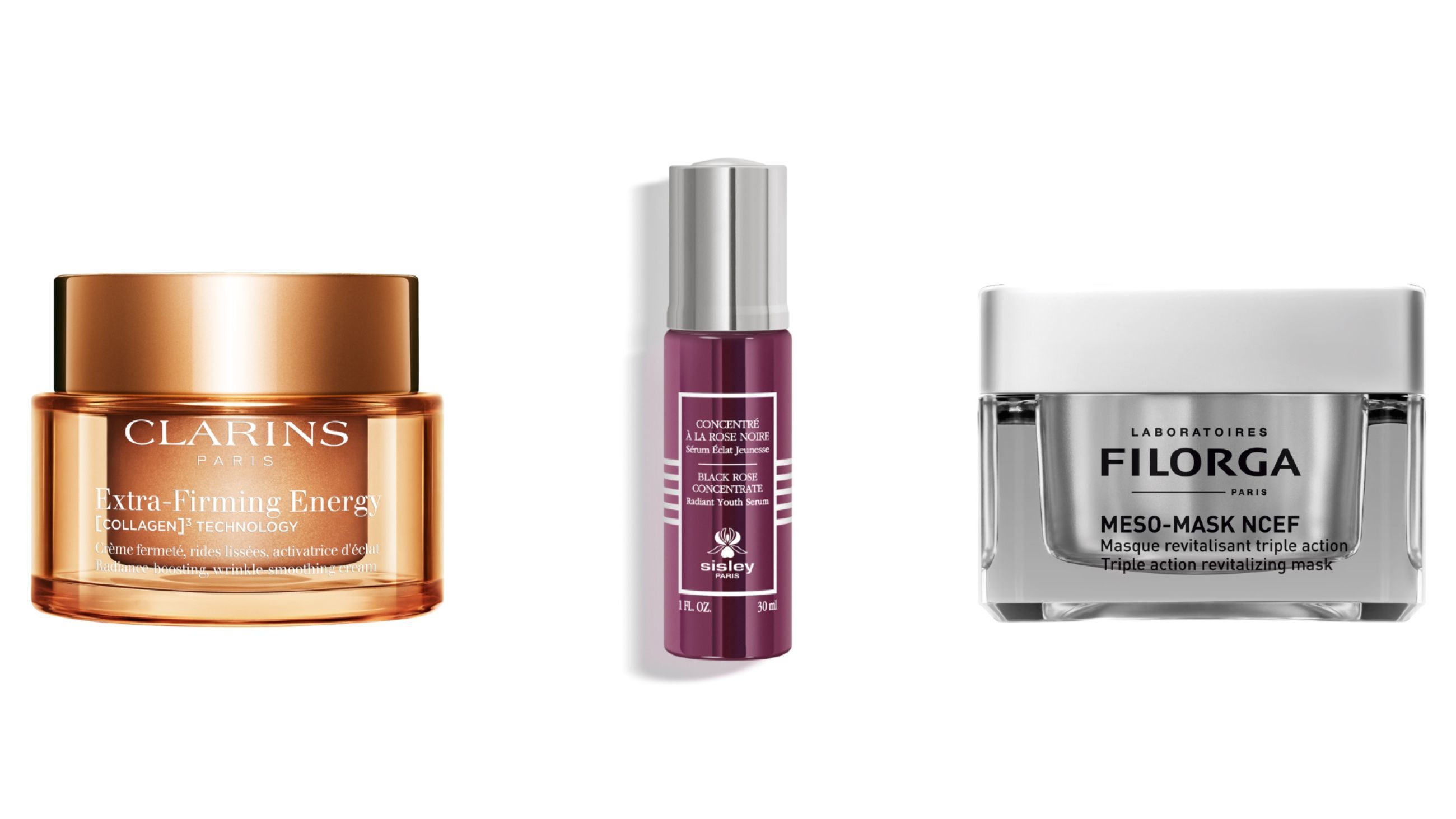 Da sinistra: Clarins, Extra-Firming Energy; Sisley, Concentré à la Rose Noire; Filorga, NCEF Meso Mask – Corutesy Press Office