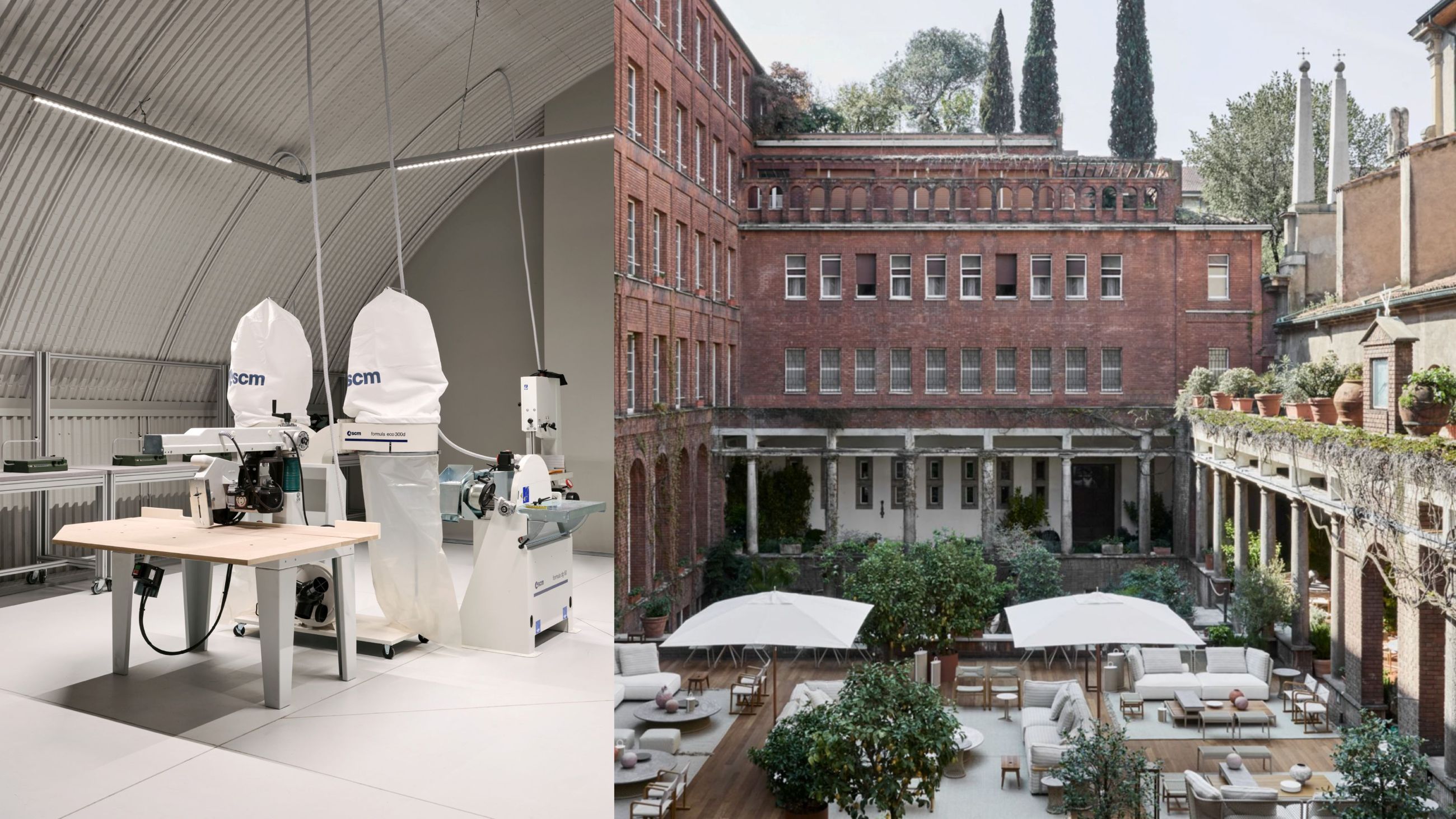 A sinistra: Magazzini Raccordati, Ulisse Stacchini - Courtesy Francesca Iovene; A destra: Chiostro di Sant’Angelo (Angelicum), Giovanni Muzio 